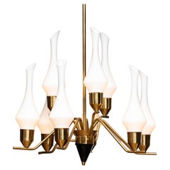 1960's Swedish Brass Chandelier with White Frosted Organic Glass Vases, ASEA