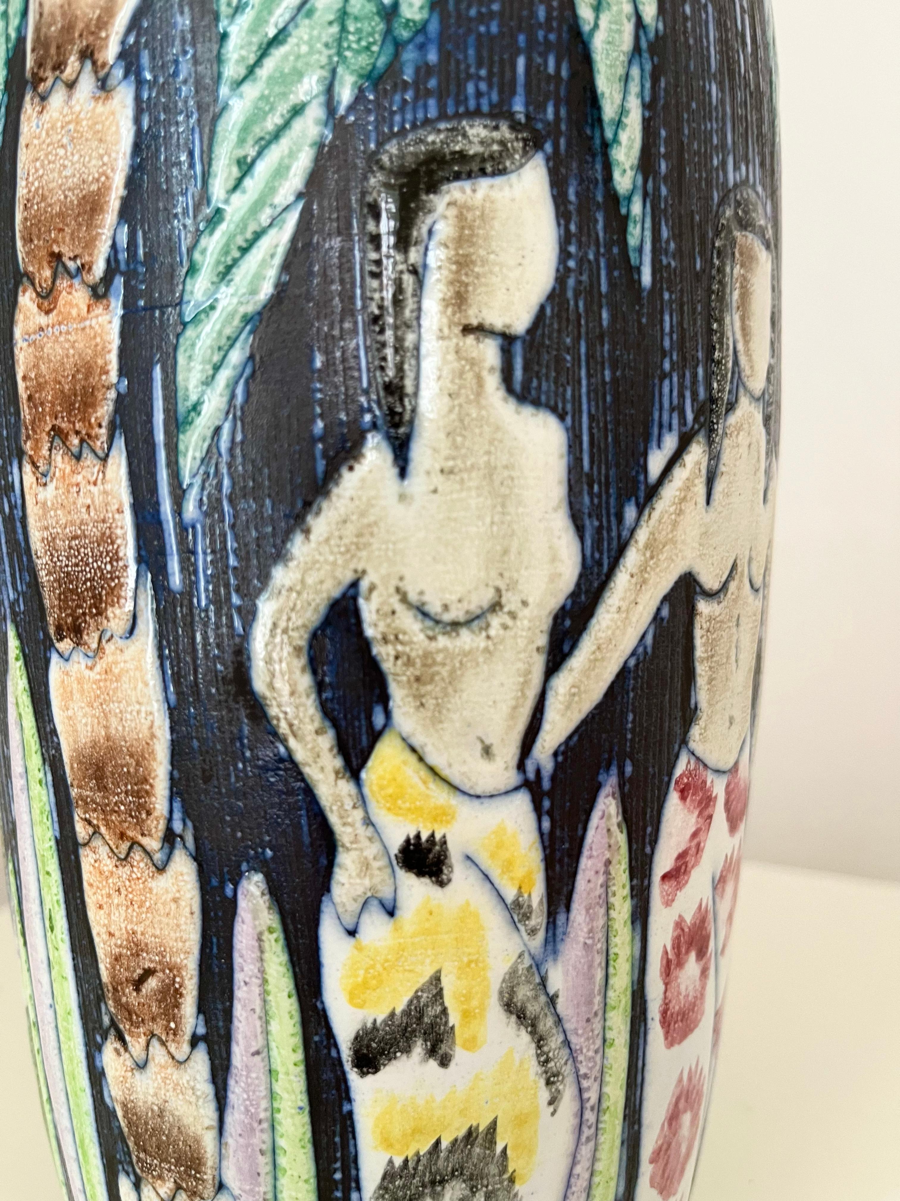 1960s Swedish hand decorated vase by Alingsås Ceramic with palm, flowers & women For Sale 4