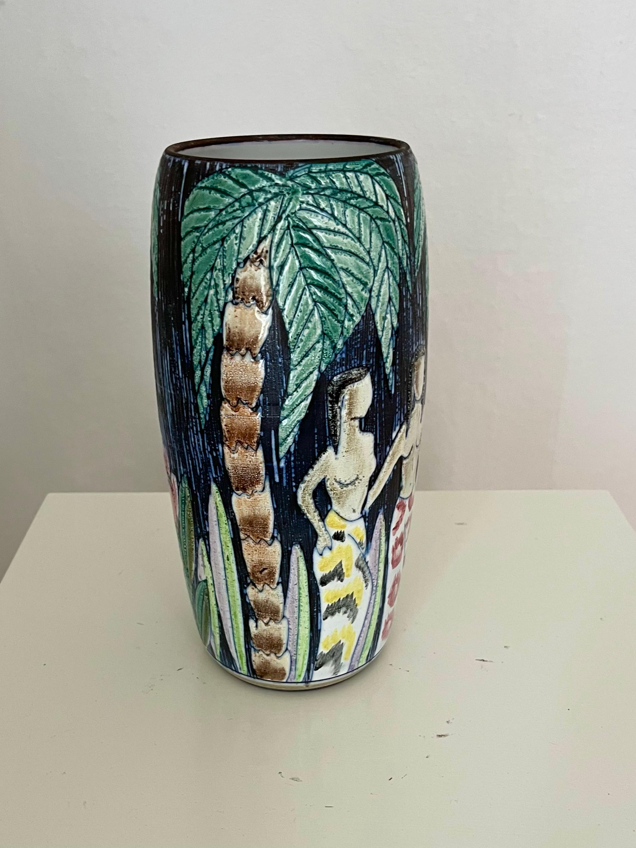 Mid-Century Modern 1960s Swedish hand decorated vase by Alingsås Ceramic with palm, flowers & women For Sale