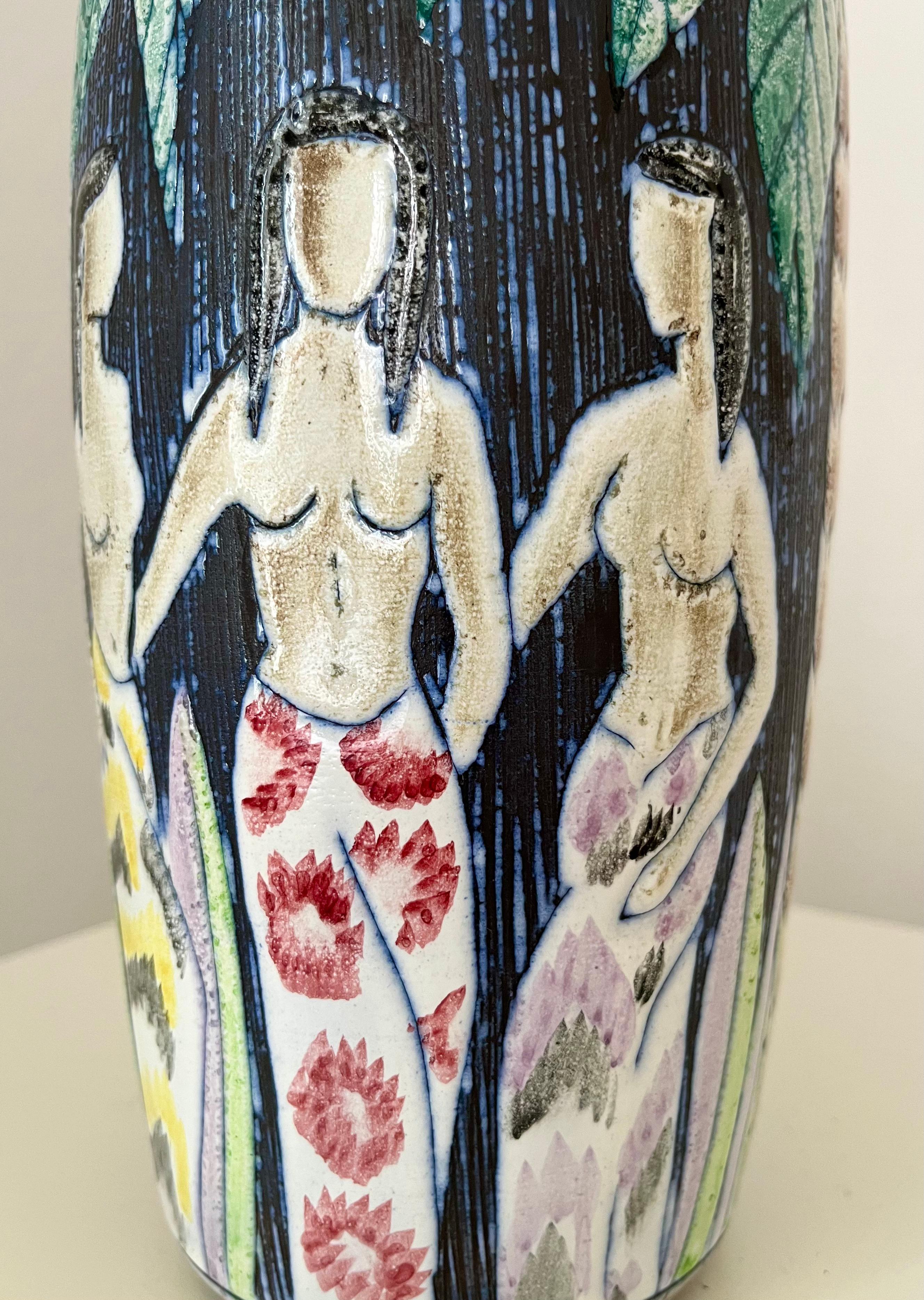 1960s Swedish hand decorated vase by Alingsås Ceramic with palm, flowers & women For Sale 3