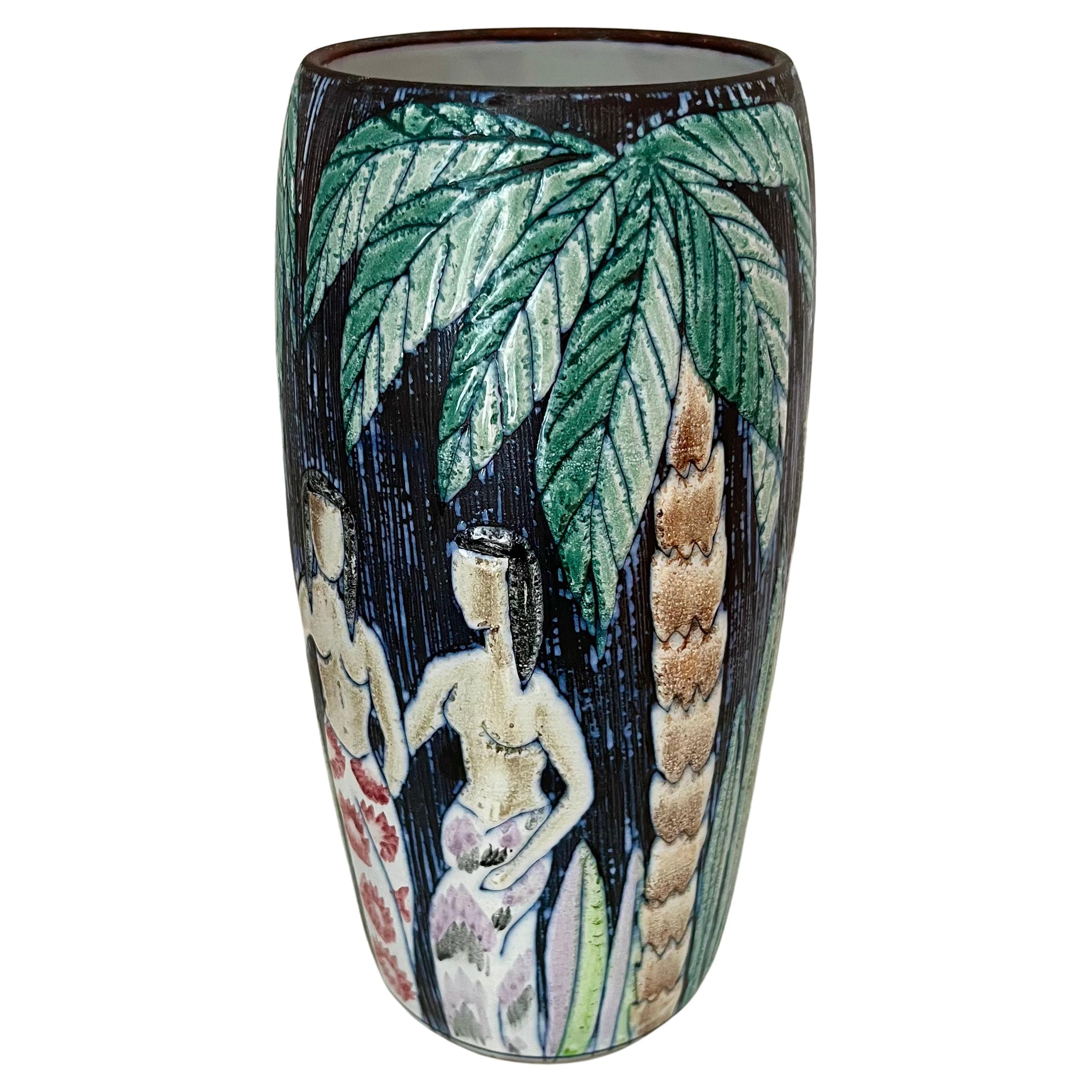 1960s Swedish hand decorated vase by Alingsås Ceramic with palm, flowers & women For Sale