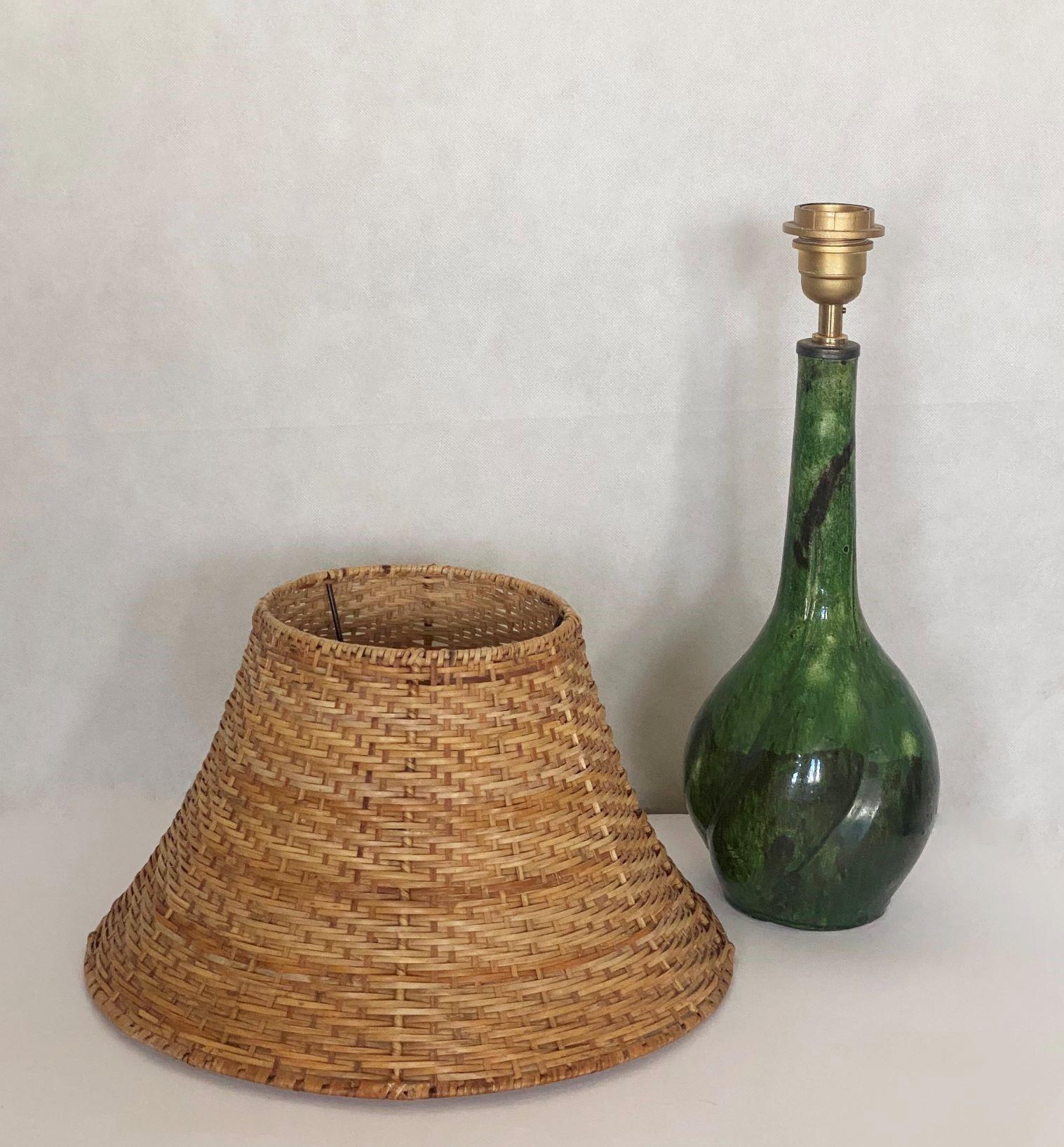 Danish Hand-Painted Glased Ceramic Table Lamp with Wicker Shade, 1960s For Sale 6