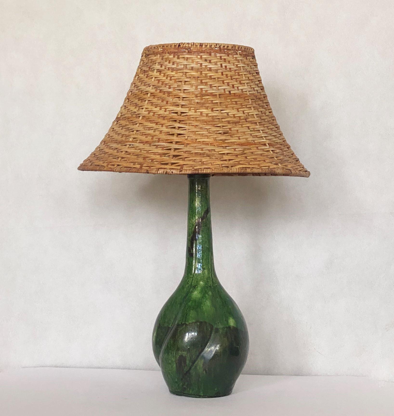 Arts and Crafts Danish Hand-Painted Glased Ceramic Table Lamp with Wicker Shade, 1960s For Sale
