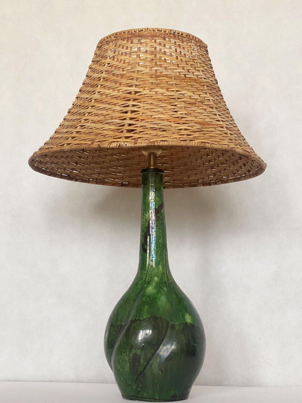 Glazed Danish Hand-Painted Glased Ceramic Table Lamp with Wicker Shade, 1960s For Sale