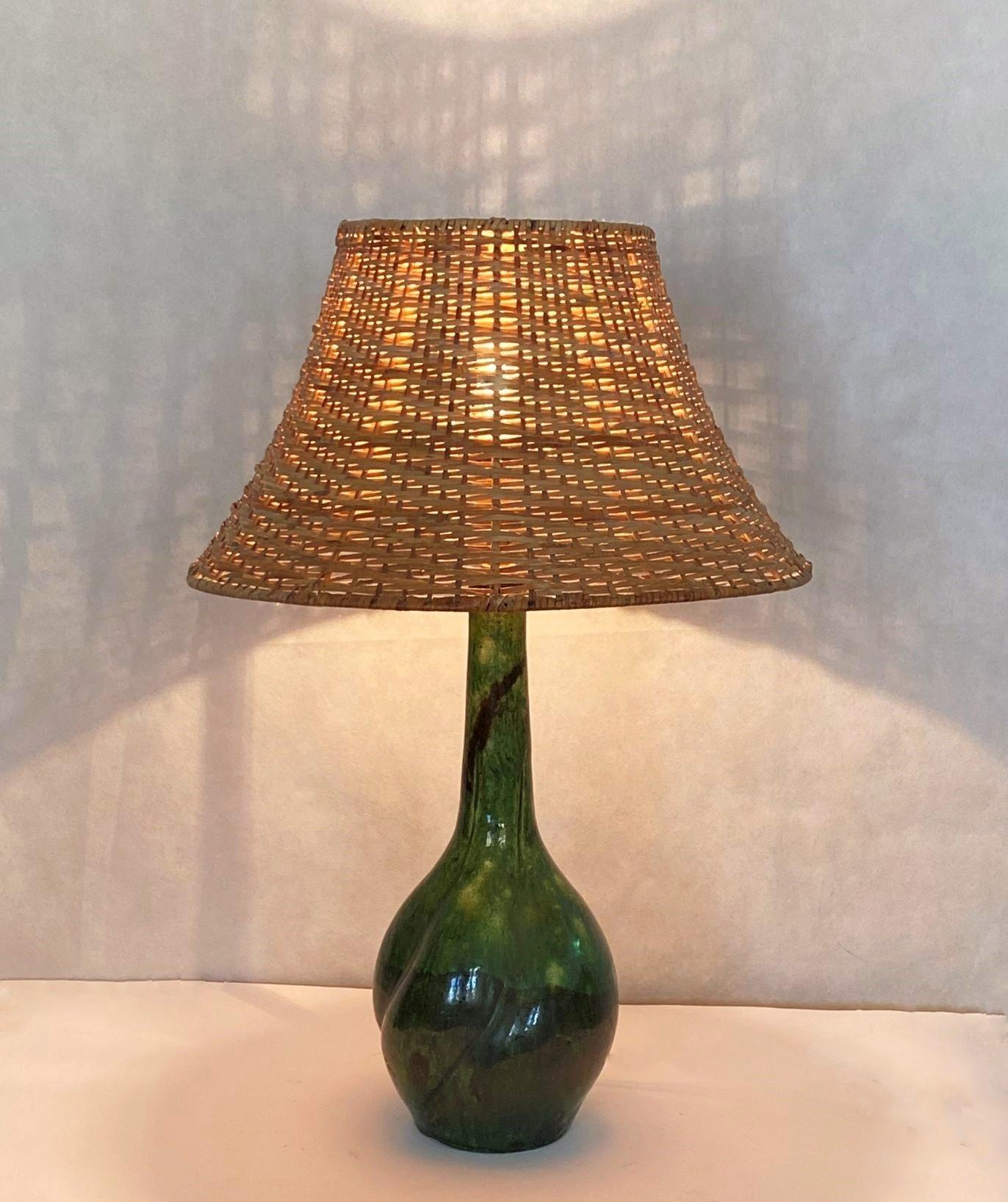 Danish Hand-Painted Glased Ceramic Table Lamp with Wicker Shade, 1960s For Sale 2