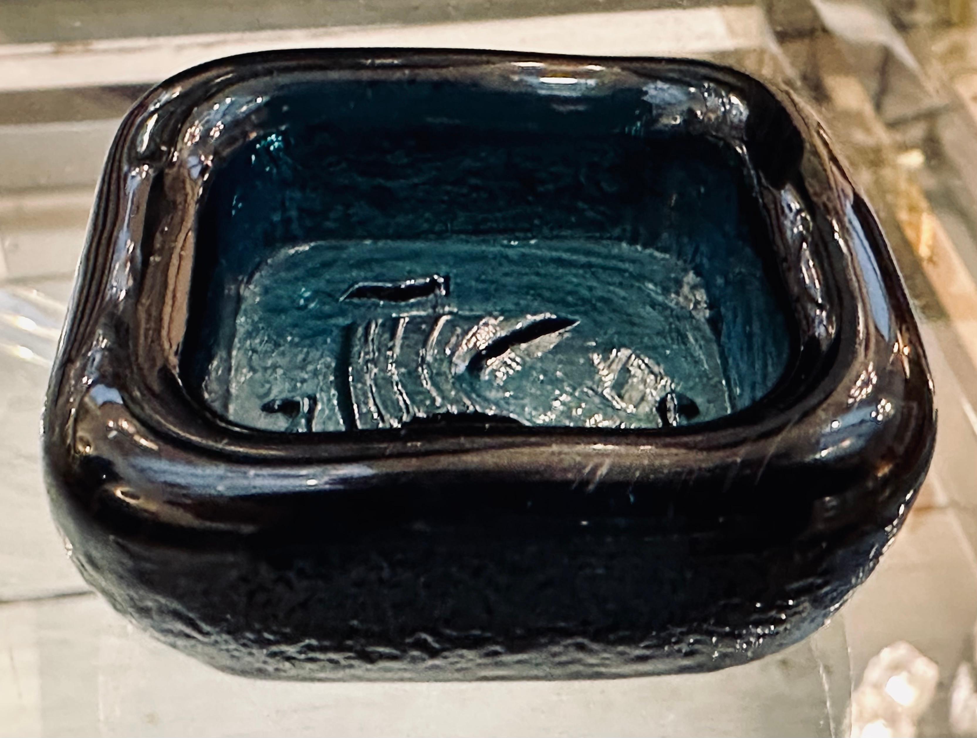 1960s Swedish Kosta Boda Teal Glass Trinket Dish Viking Ship by Erik Hoglund 3