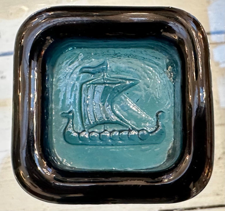 1960s Swedish Kosta Boda Teal Glass Trinket Dish Viking Ship by