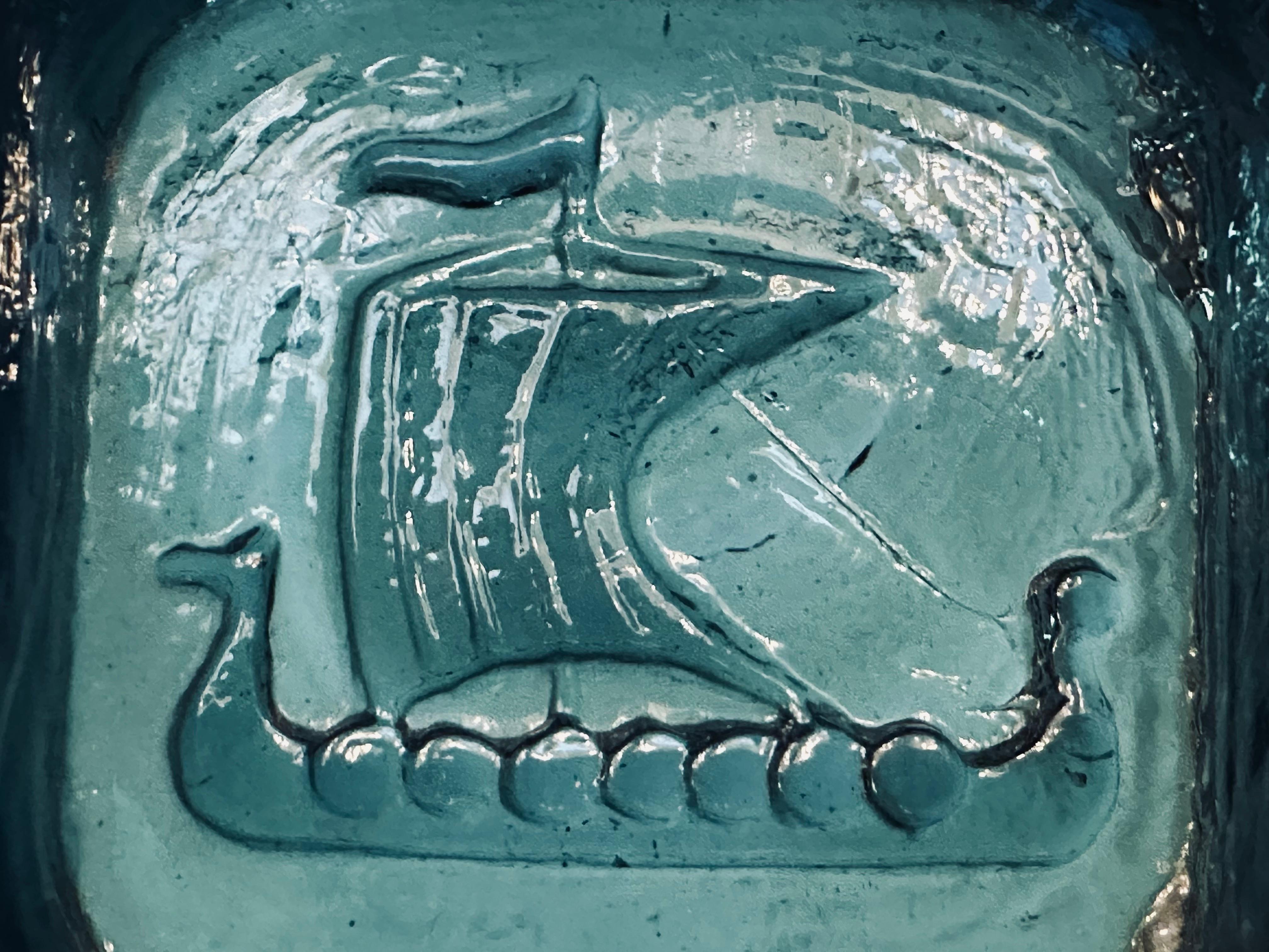 Mid-Century Modern 1960s Swedish Kosta Boda Teal Glass Trinket Dish Viking Ship by Erik Hoglund