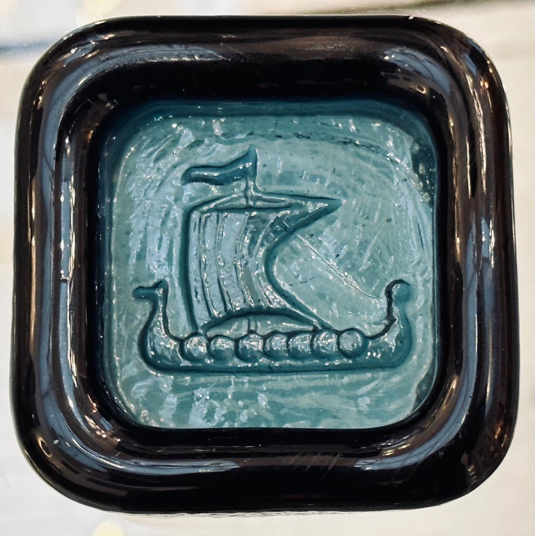 1960s Swedish Kosta Boda Teal Glass Trinket Dish Viking Ship by