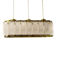1960s Swedish Molded Prism Glass and Antiqued Brass Rectangular Ceiling Light