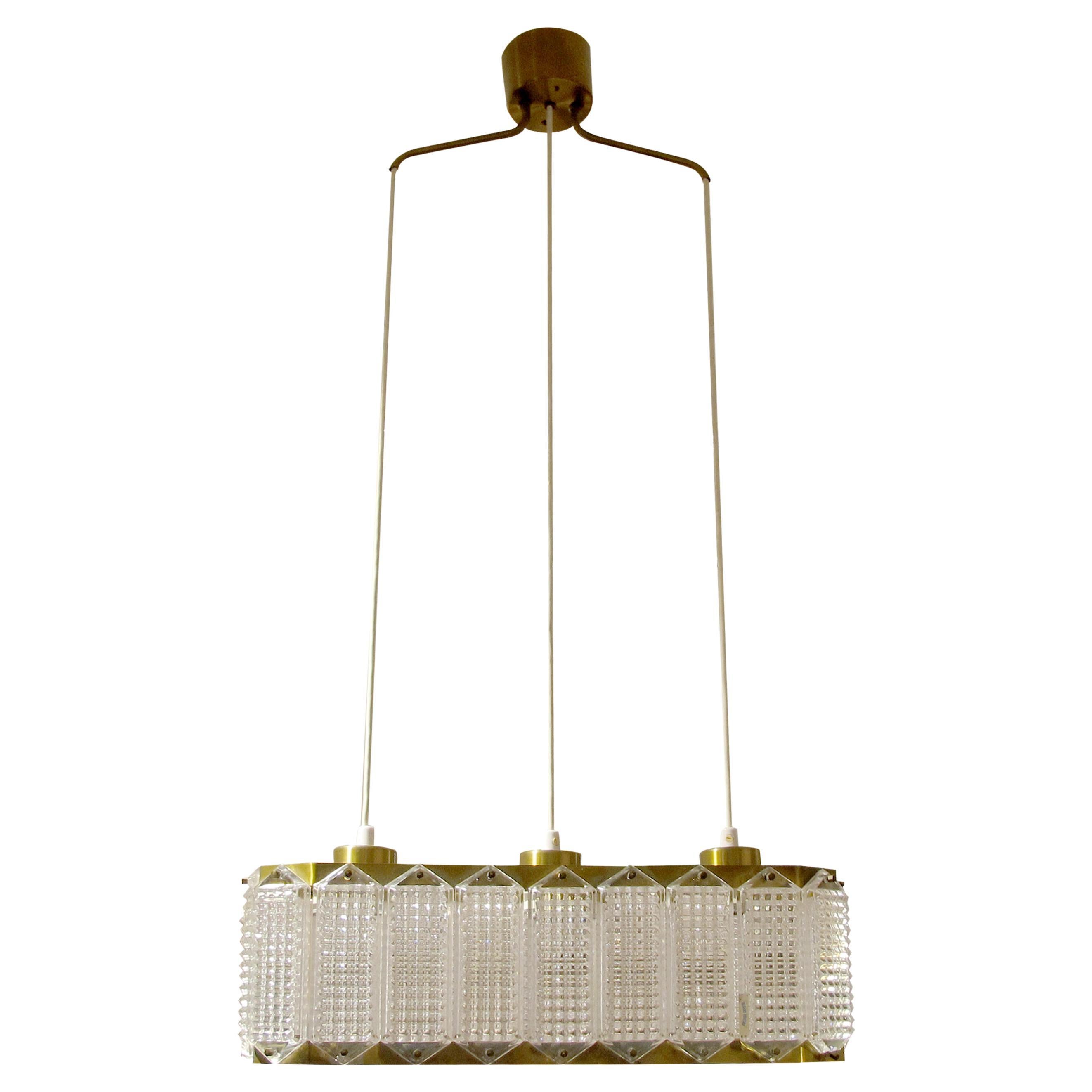 1960s Swedish Molded Prism Glass and Antiqued Brass Rectangular Ceiling Light