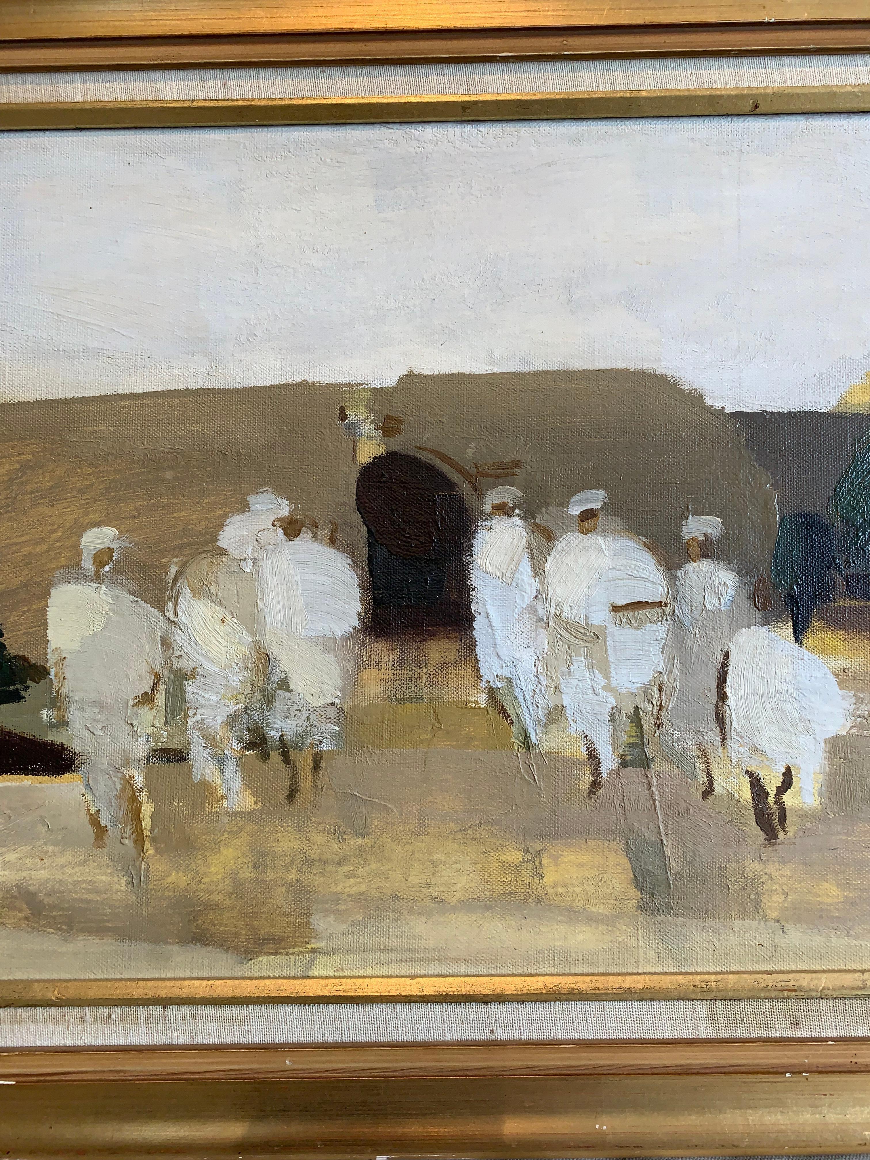 Dipinto a olio svedese degli anni '60 con figure in un paesaggio astratto in vendita 4