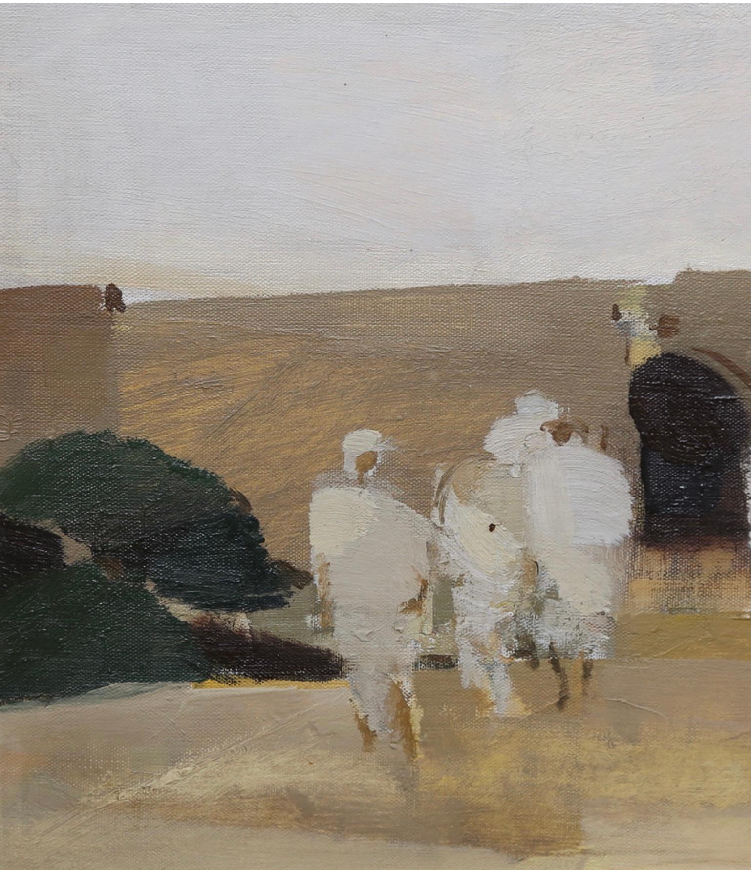 Svedese Dipinto a olio svedese degli anni '60 con figure in un paesaggio astratto in vendita