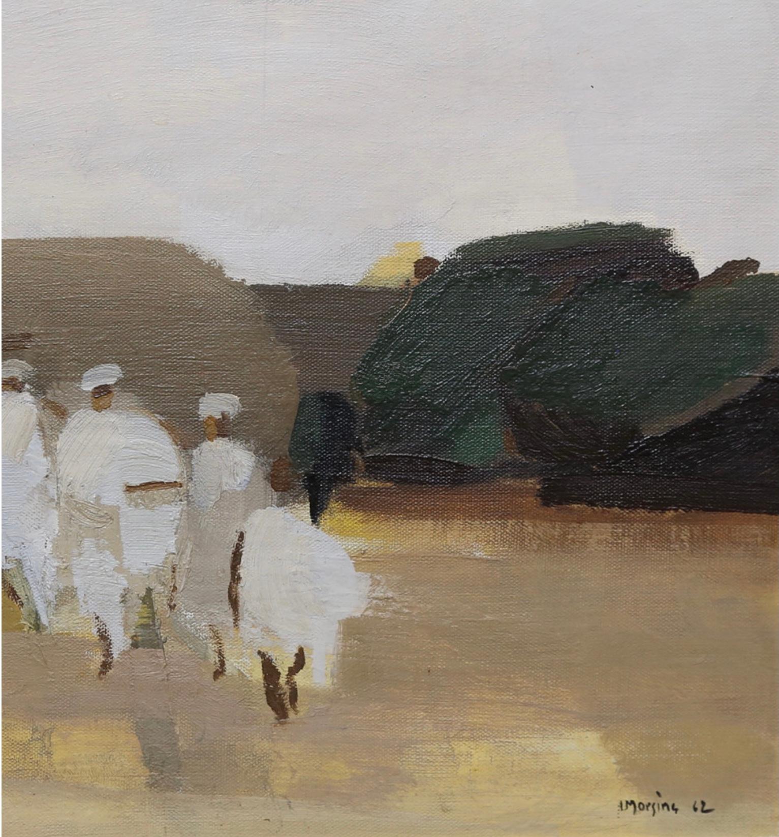A olio Dipinto a olio svedese degli anni '60 con figure in un paesaggio astratto in vendita