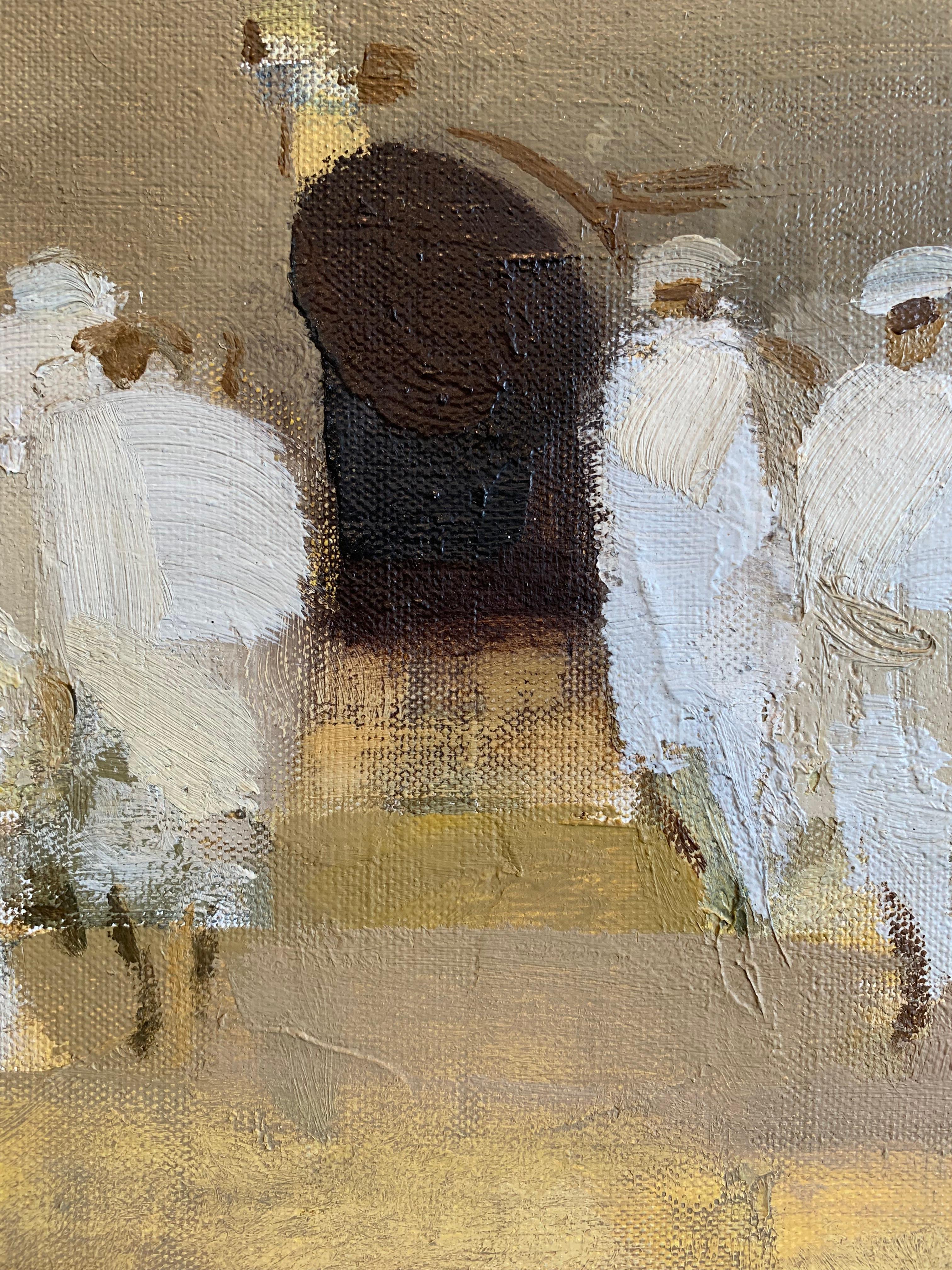 Metà XX secolo Dipinto a olio svedese degli anni '60 con figure in un paesaggio astratto in vendita