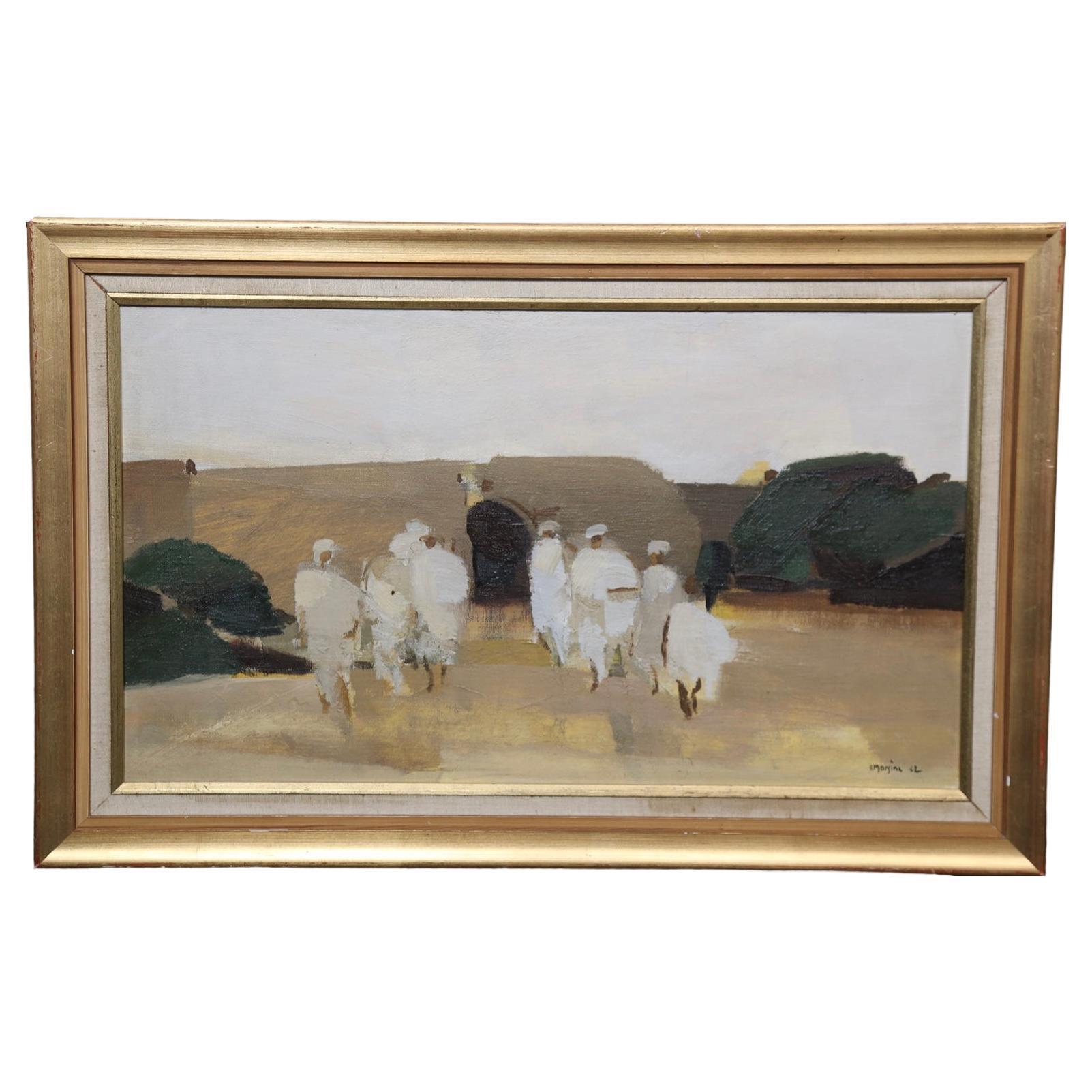1960s Swedish oil painting of figures against abstract landscape