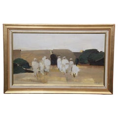 1960s Swedish oil painting of figures against abstract landscape