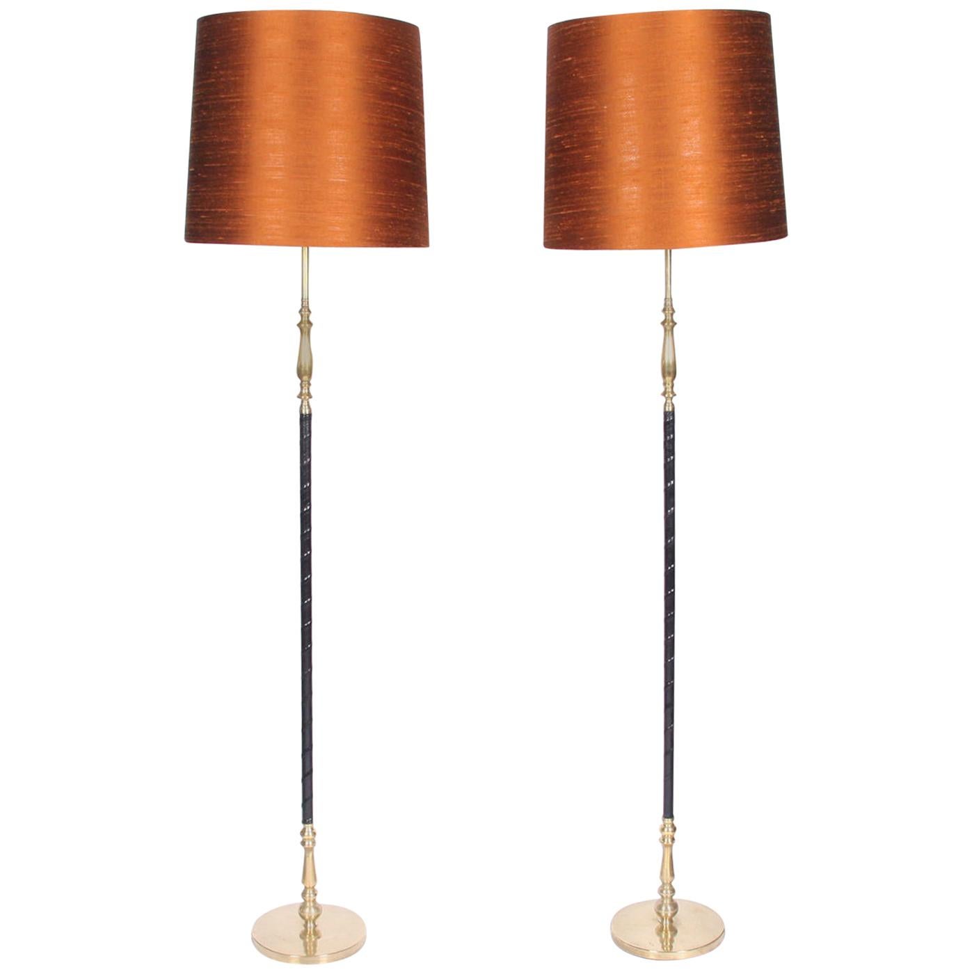 1960s Swedish Pair of Leather and Brass Floor Lamps