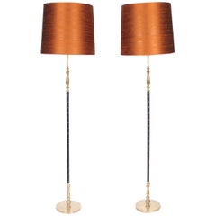 1960s Swedish Pair of Leather and Brass Floor Lamps