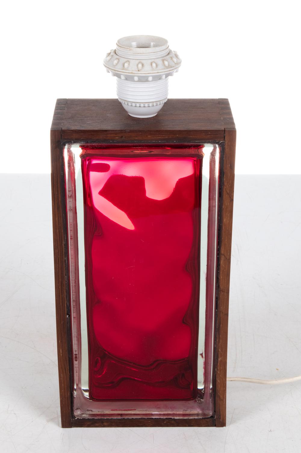 1960’s Swedish Red Glass Brick & Rosewood Table Lamp For Sale 4