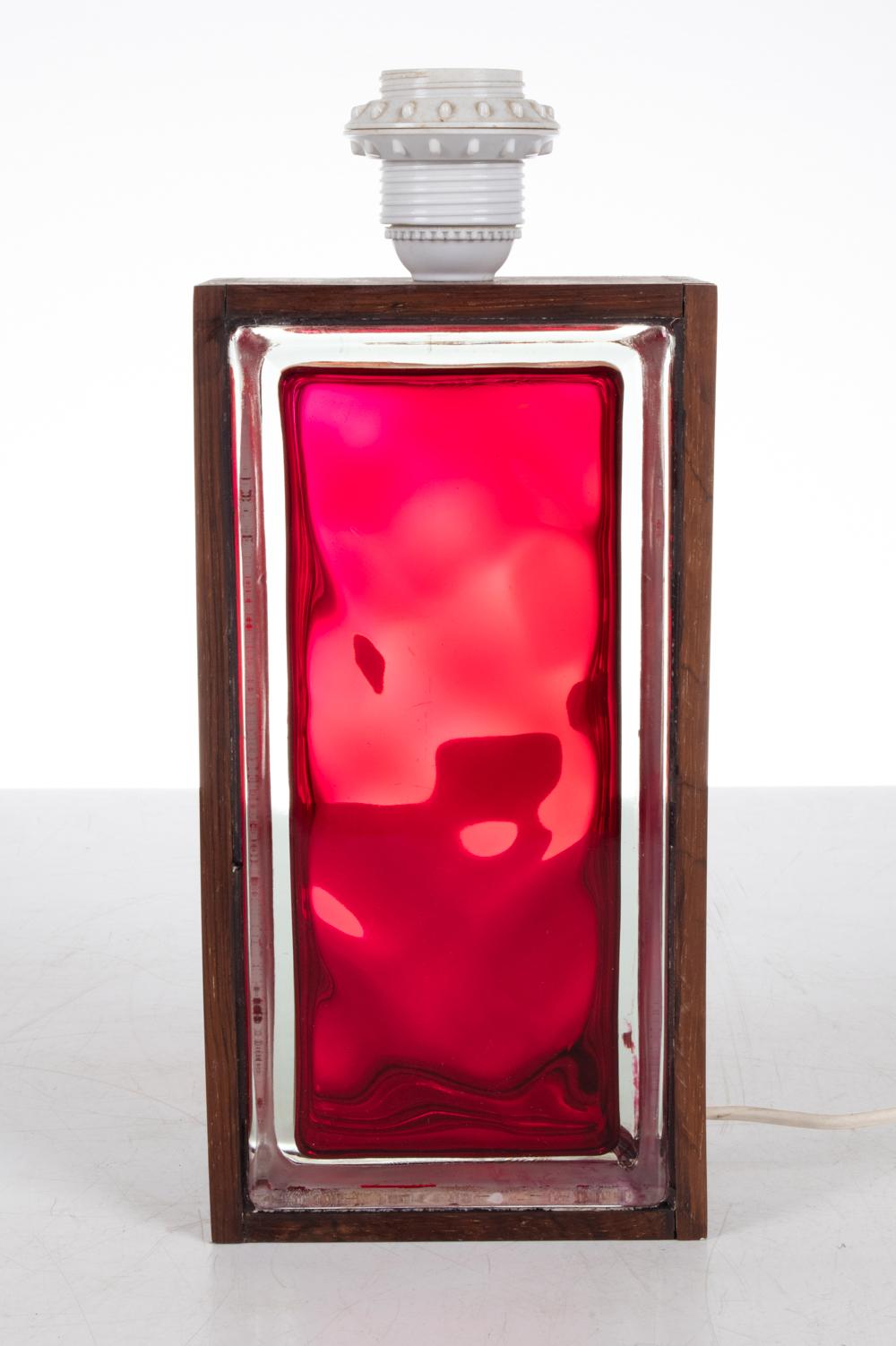1960’s Swedish Red Glass Brick & Rosewood Table Lamp For Sale 5