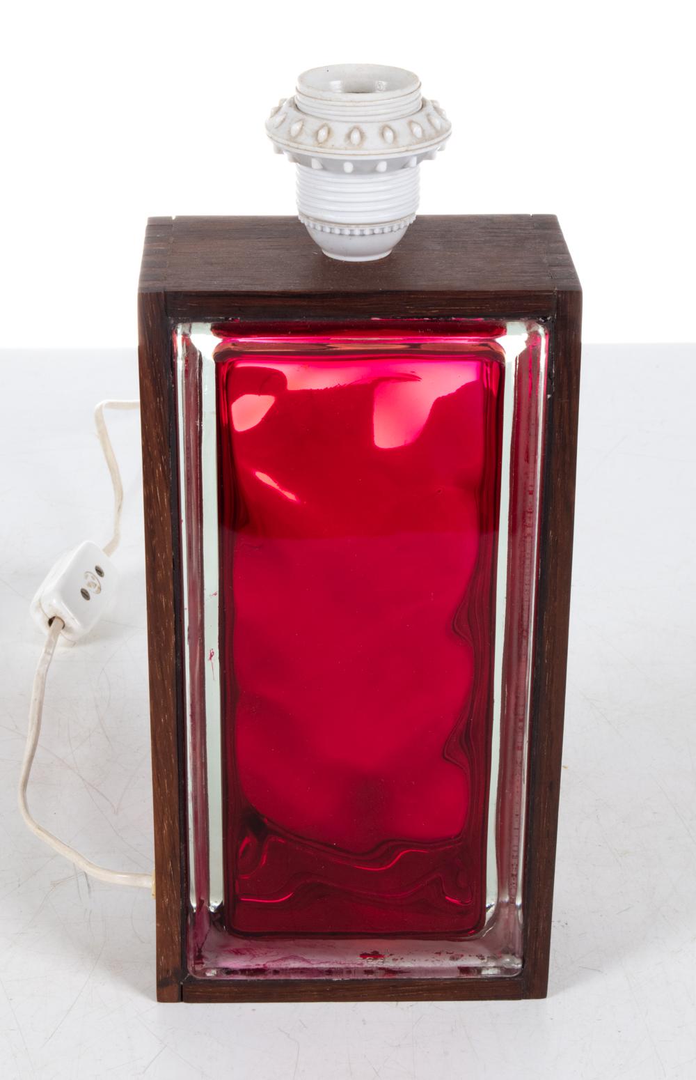 1960’s Swedish Red Glass Brick & Rosewood Table Lamp In Good Condition For Sale In Norwalk, CT