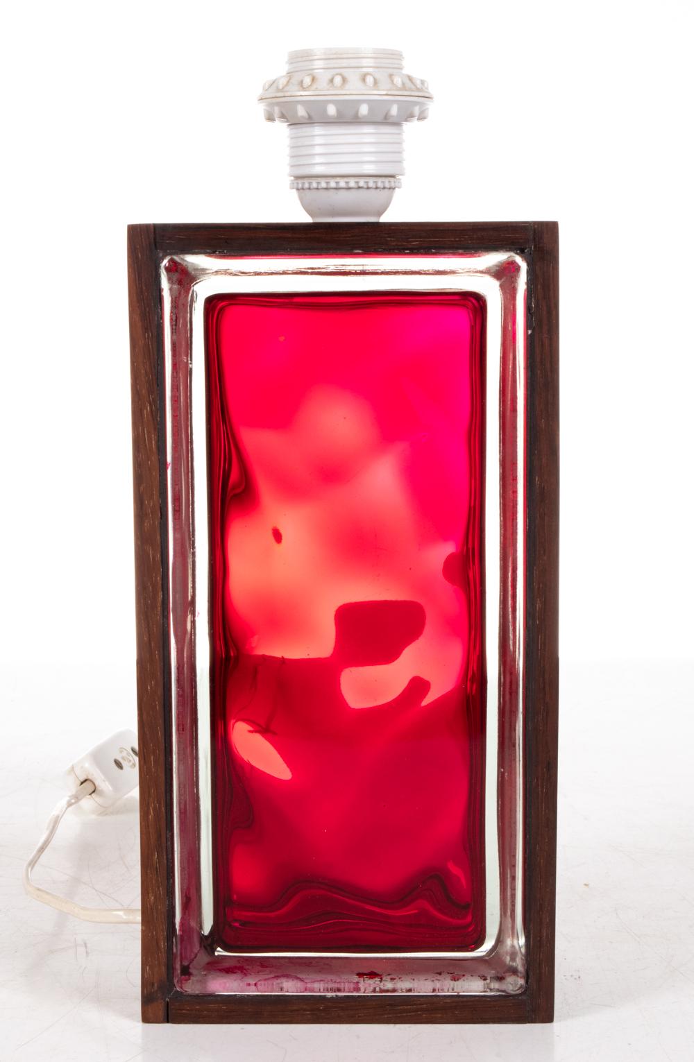 Mid-20th Century 1960’s Swedish Red Glass Brick & Rosewood Table Lamp For Sale