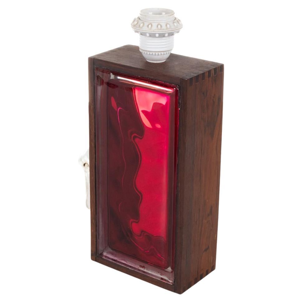 1960’s Swedish Red Glass Brick & Rosewood Table Lamp For Sale