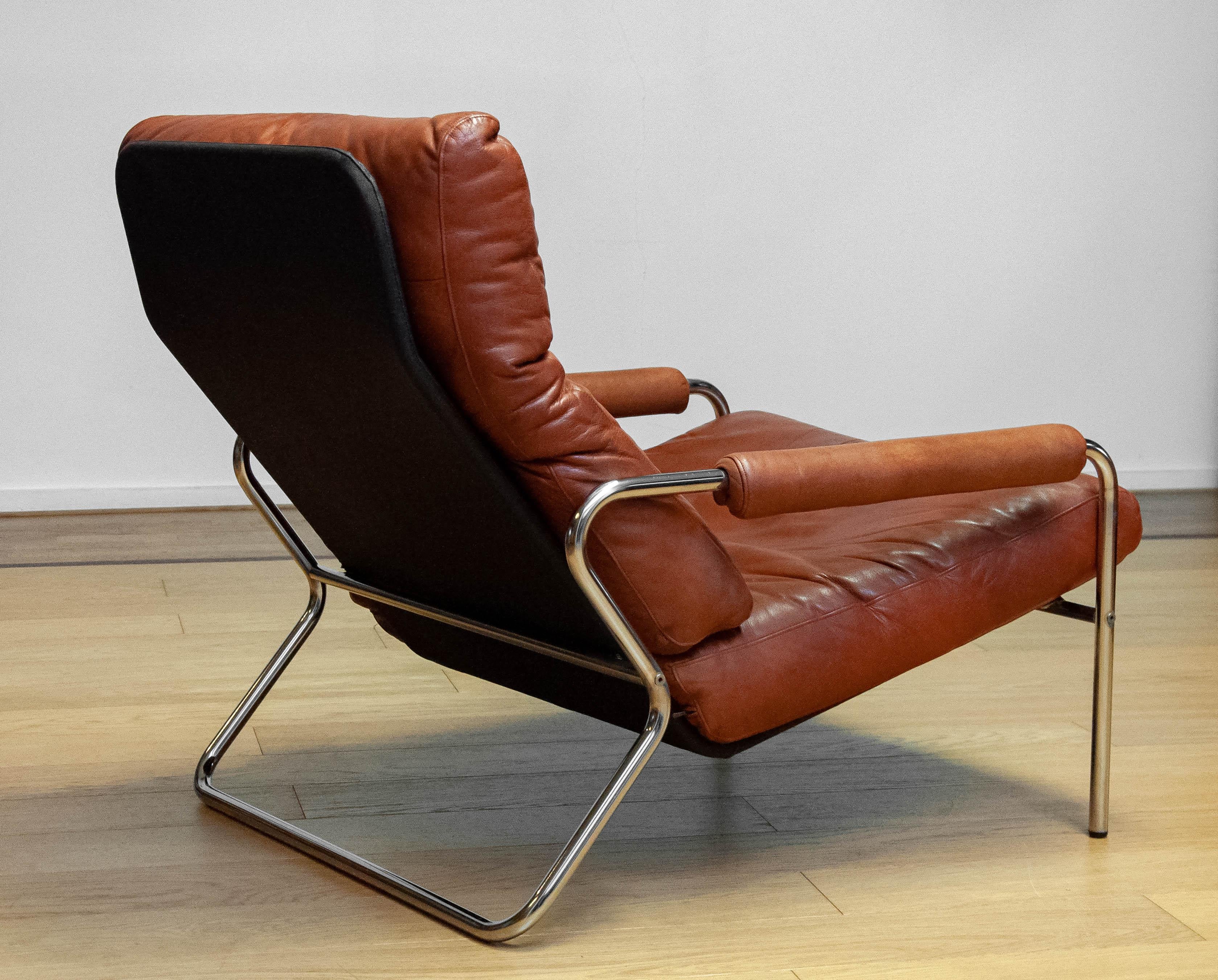 1960s Swedish Tubular Chrome And Brown Leather Brutalist Lounge Chair 4