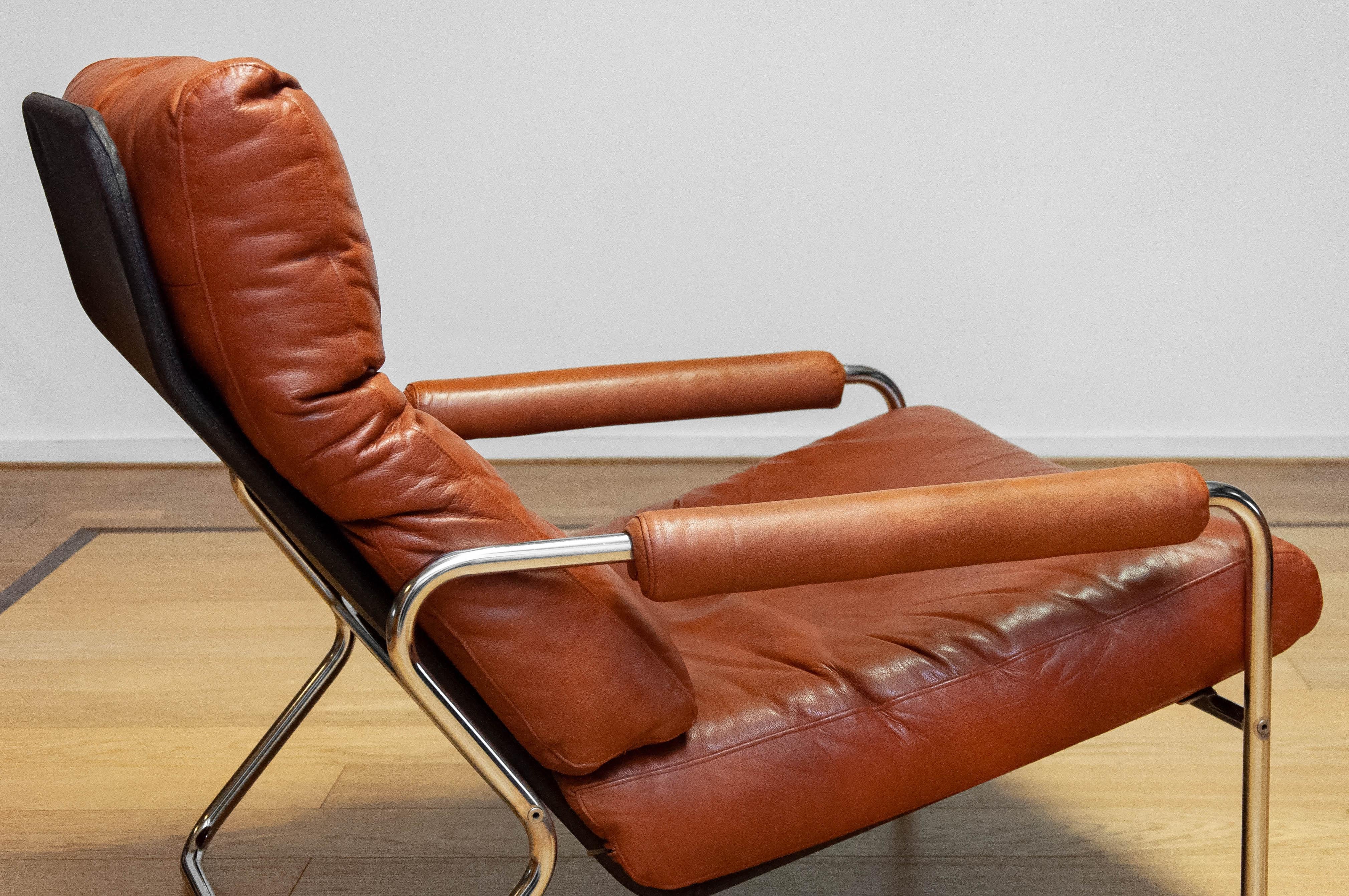 1960s Swedish Tubular Chrome And Brown Leather Brutalist Lounge Chair 5