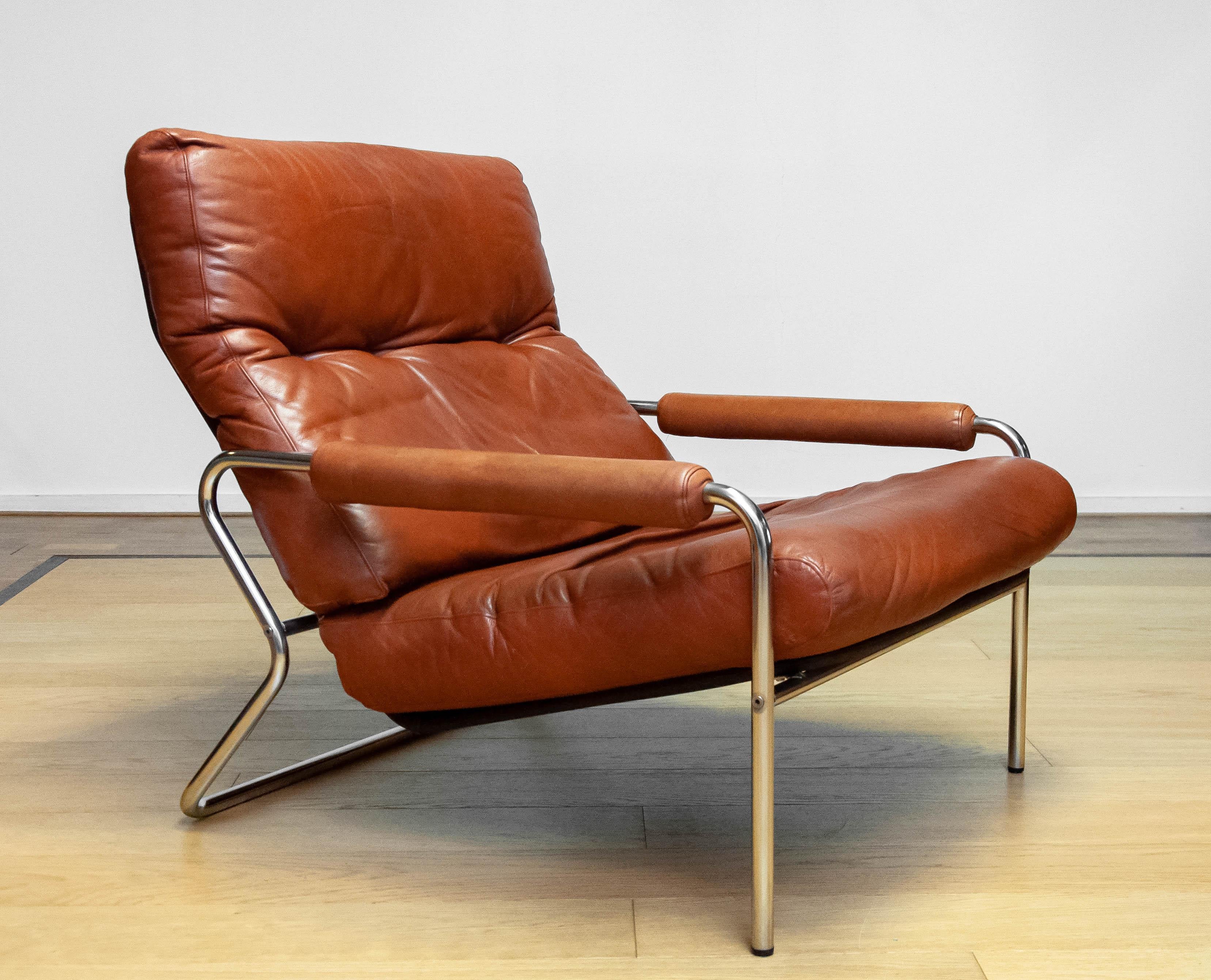 Scandinavian Modern 1960s Swedish Tubular Chrome And Brown Leather Brutalist Lounge Chair