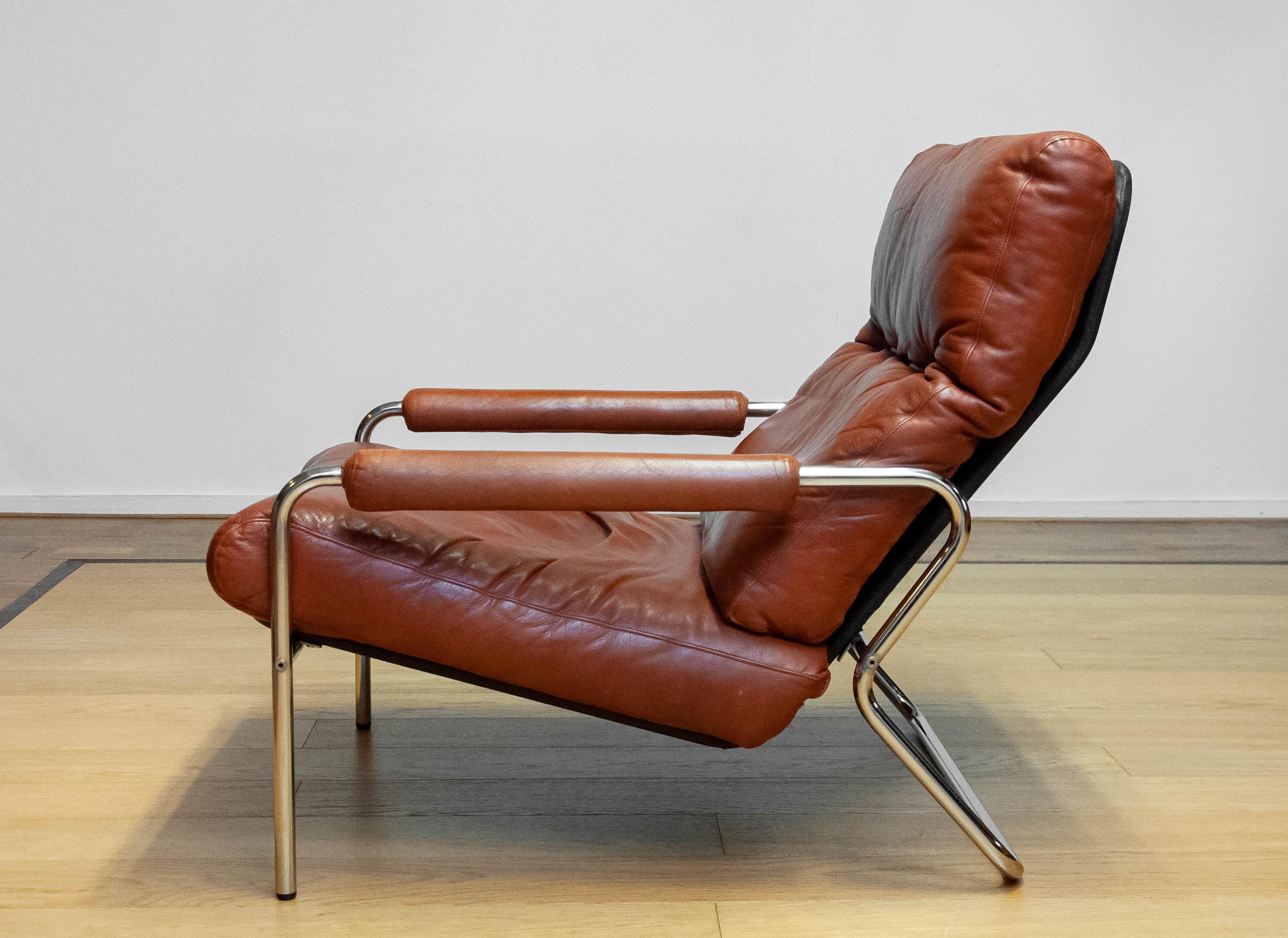 Mid-20th Century 1960s Swedish Tubular Chrome And Brown Leather Brutalist Lounge Chair