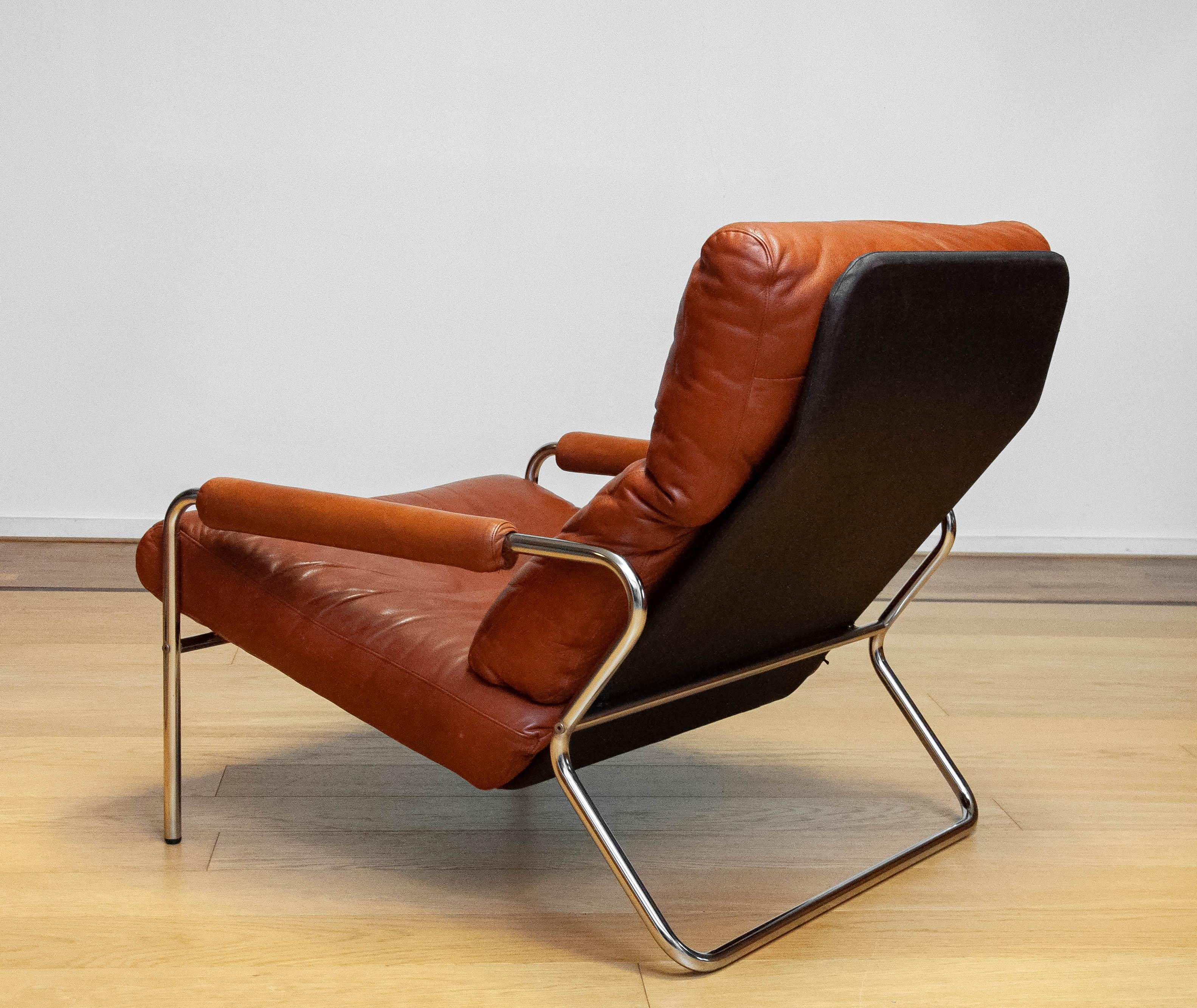 1960s Swedish Tubular Chrome And Brown Leather Brutalist Lounge Chair 1