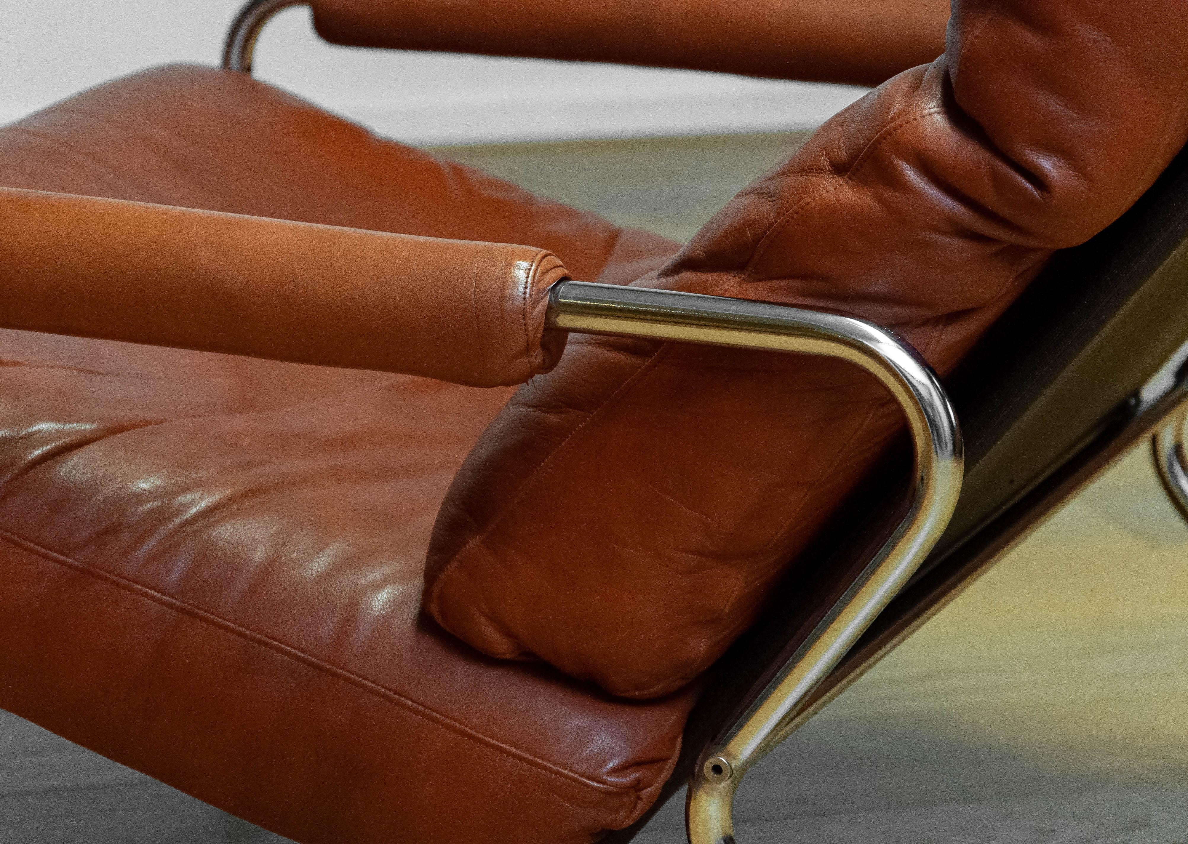 1960s Swedish Tubular Chrome And Brown Leather Brutalist Lounge Chair 3