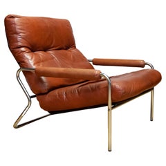 1960s Swedish Tubular Chrome And Brown Leather Brutalist Lounge Chair