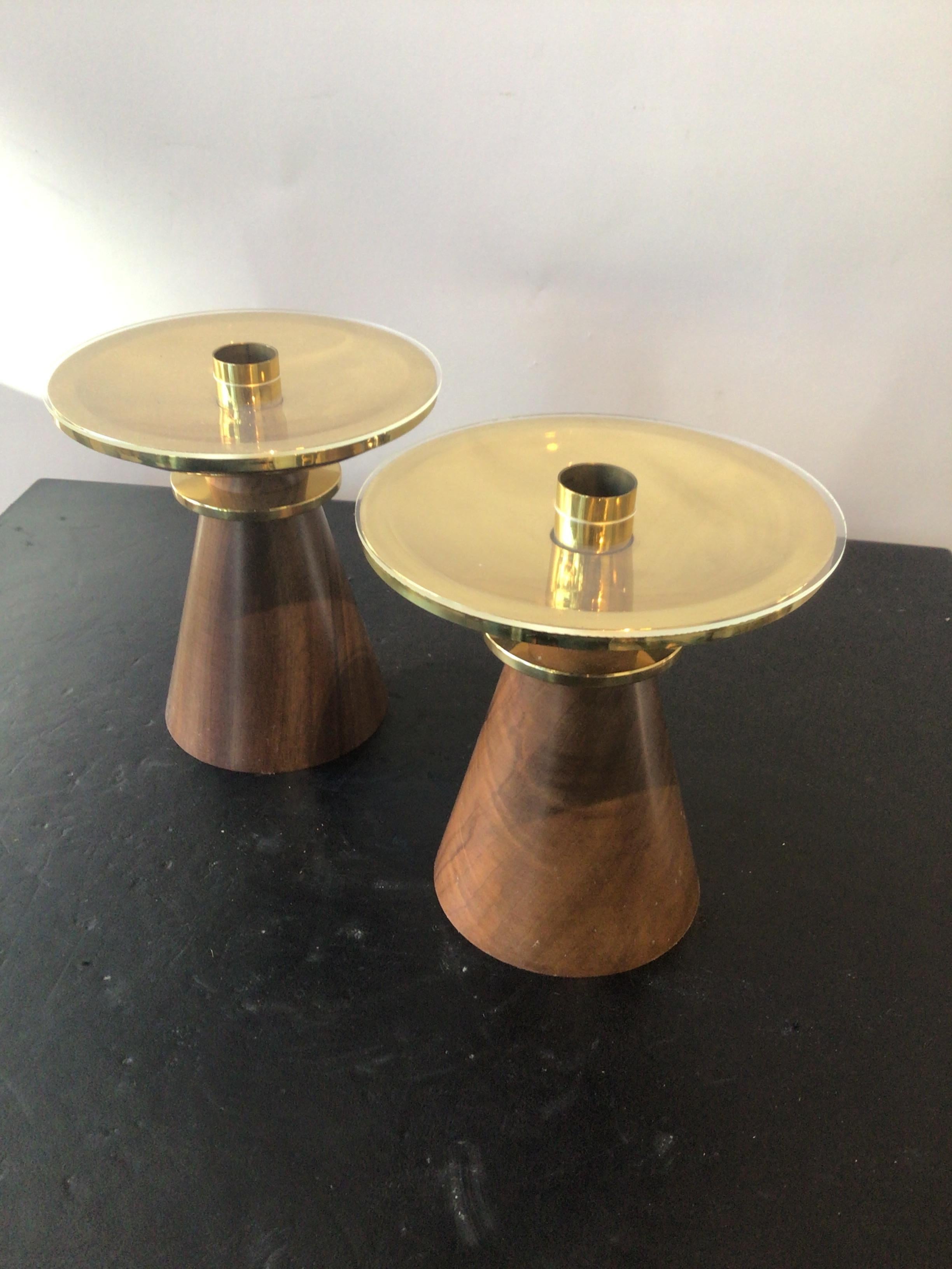 1960s Swiss Brass and Walnut Candlesticks In Good Condition For Sale In Tarrytown, NY