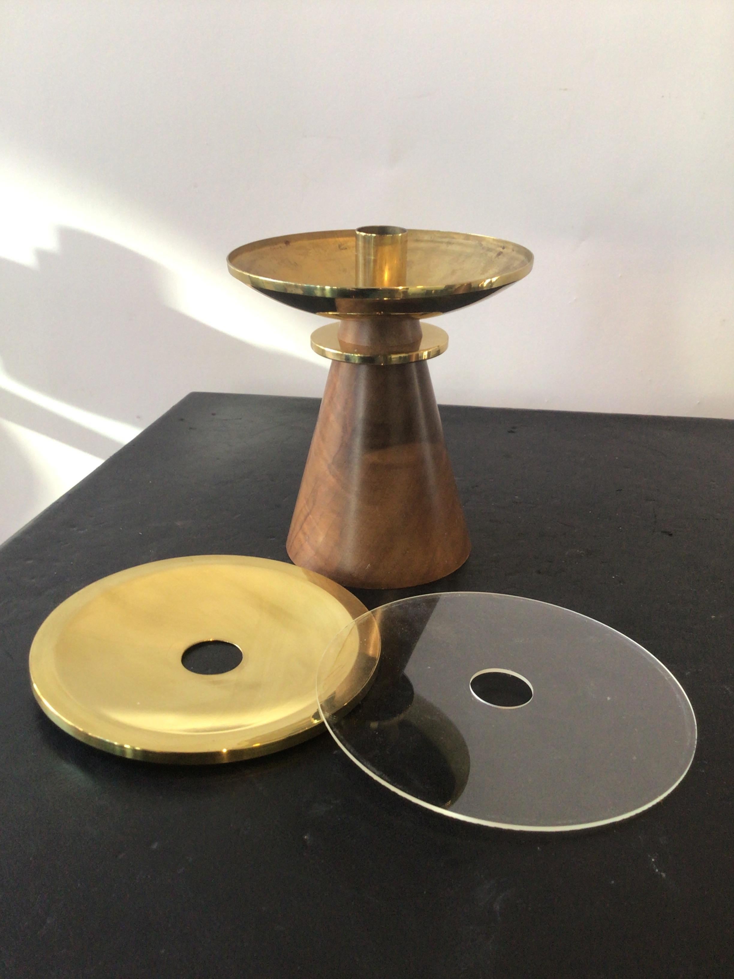 1960s Swiss Brass and Walnut Candlesticks For Sale 4