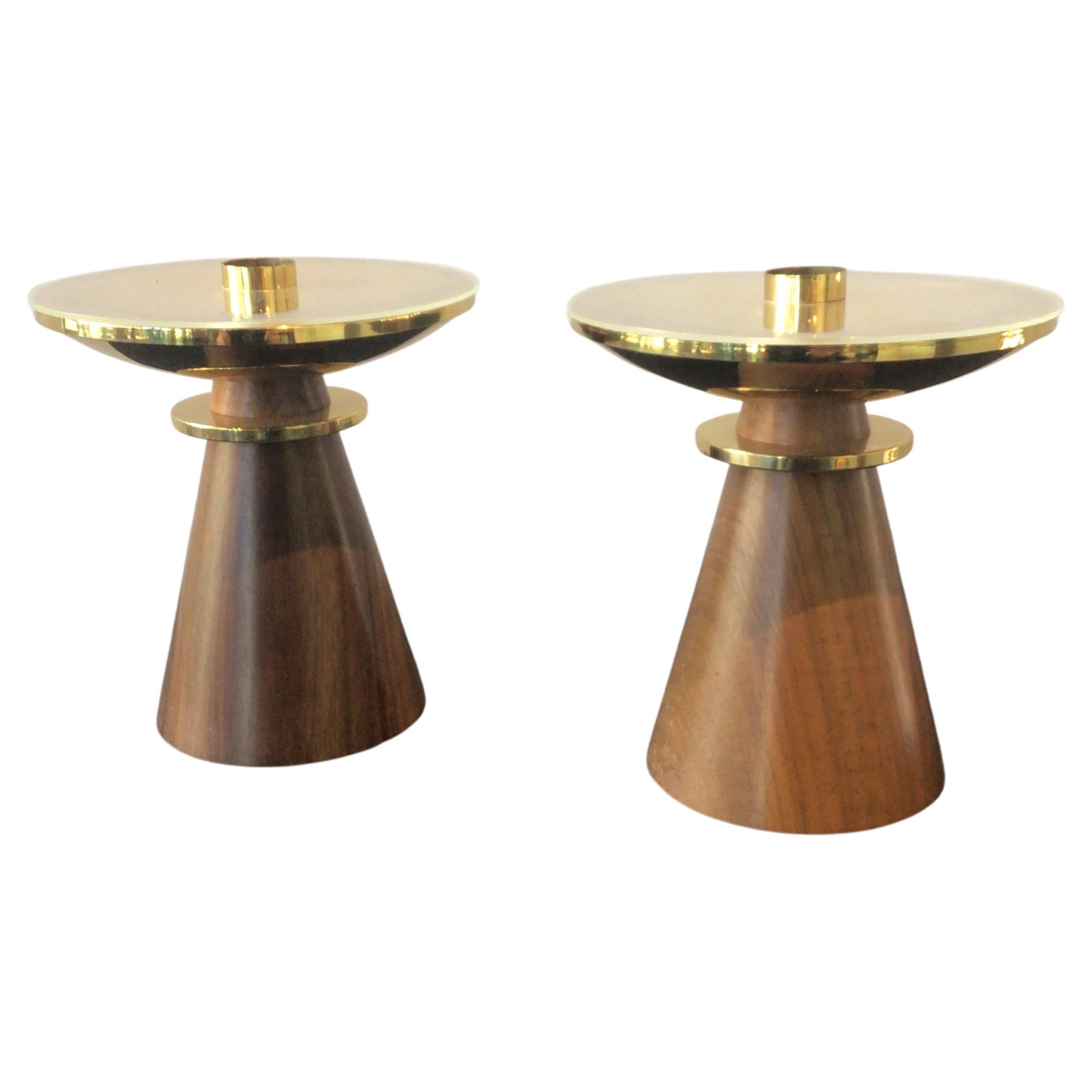 1960s Swiss Brass and Walnut Candlesticks For Sale