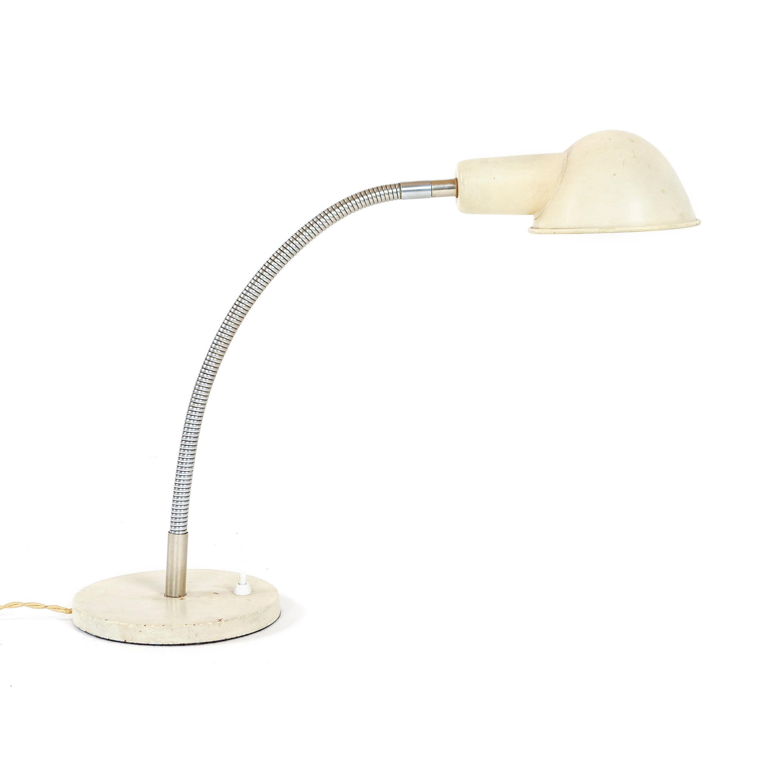 A gooseneck desk lamp with painted white metal shade and base. Marked: B.A.G. Turgi inside shade as depicted.