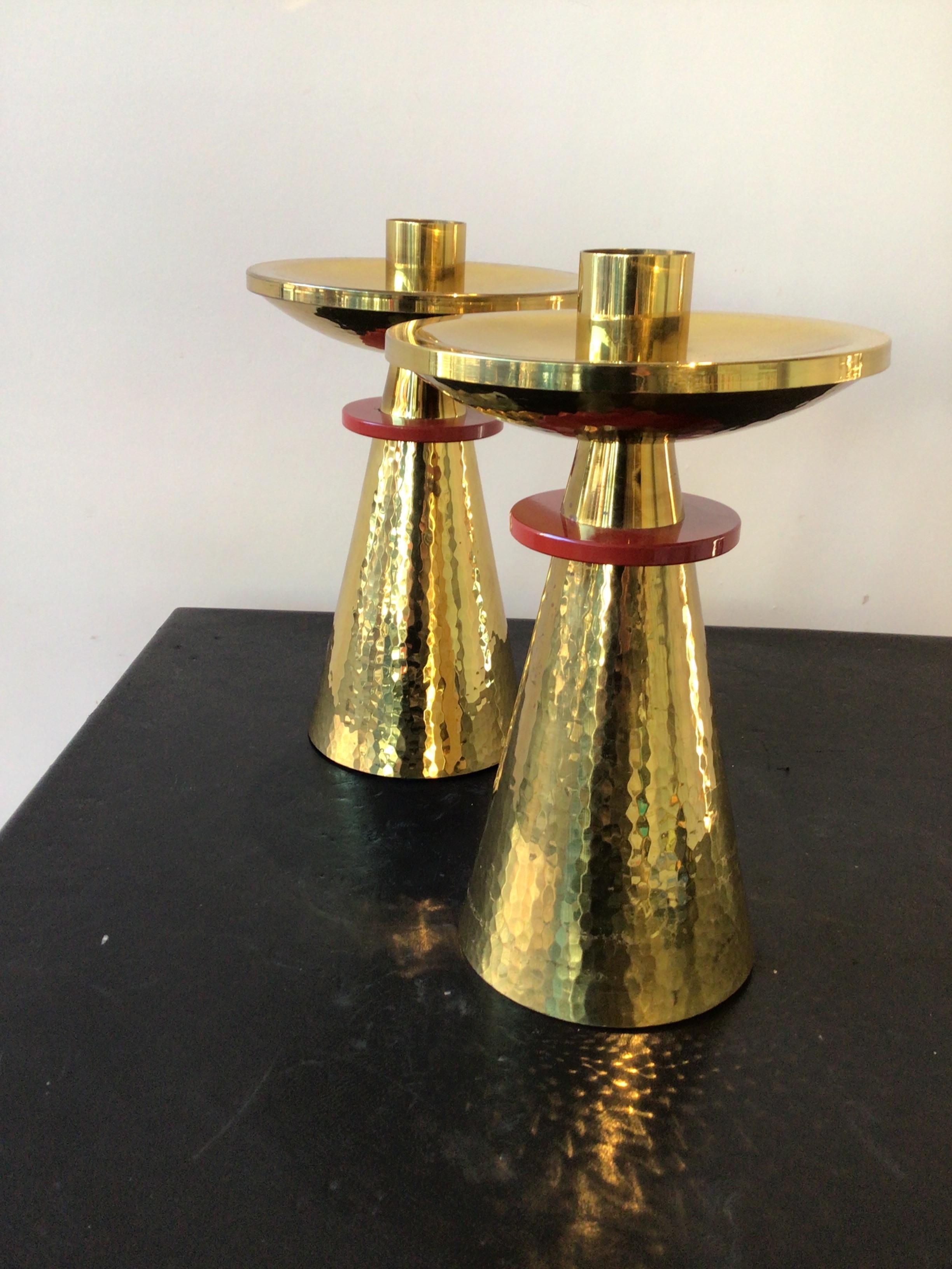 1960s Swiss Hand Hammered Brass Candlestick’s  In Good Condition For Sale In Tarrytown, NY