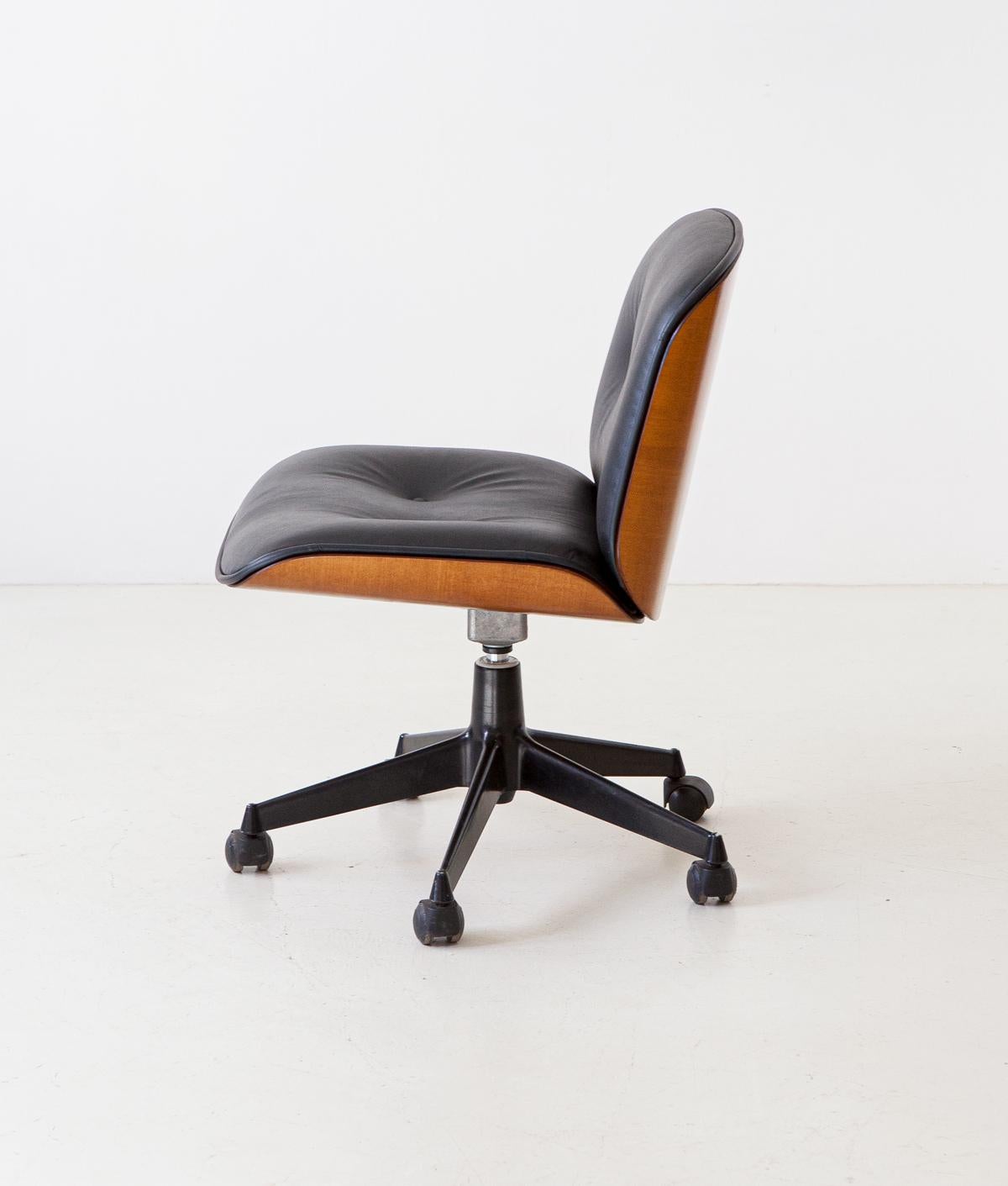 Italian 1960s Swivel Desk Chair with New Black Leather by Ico Parisi for MIM Roma