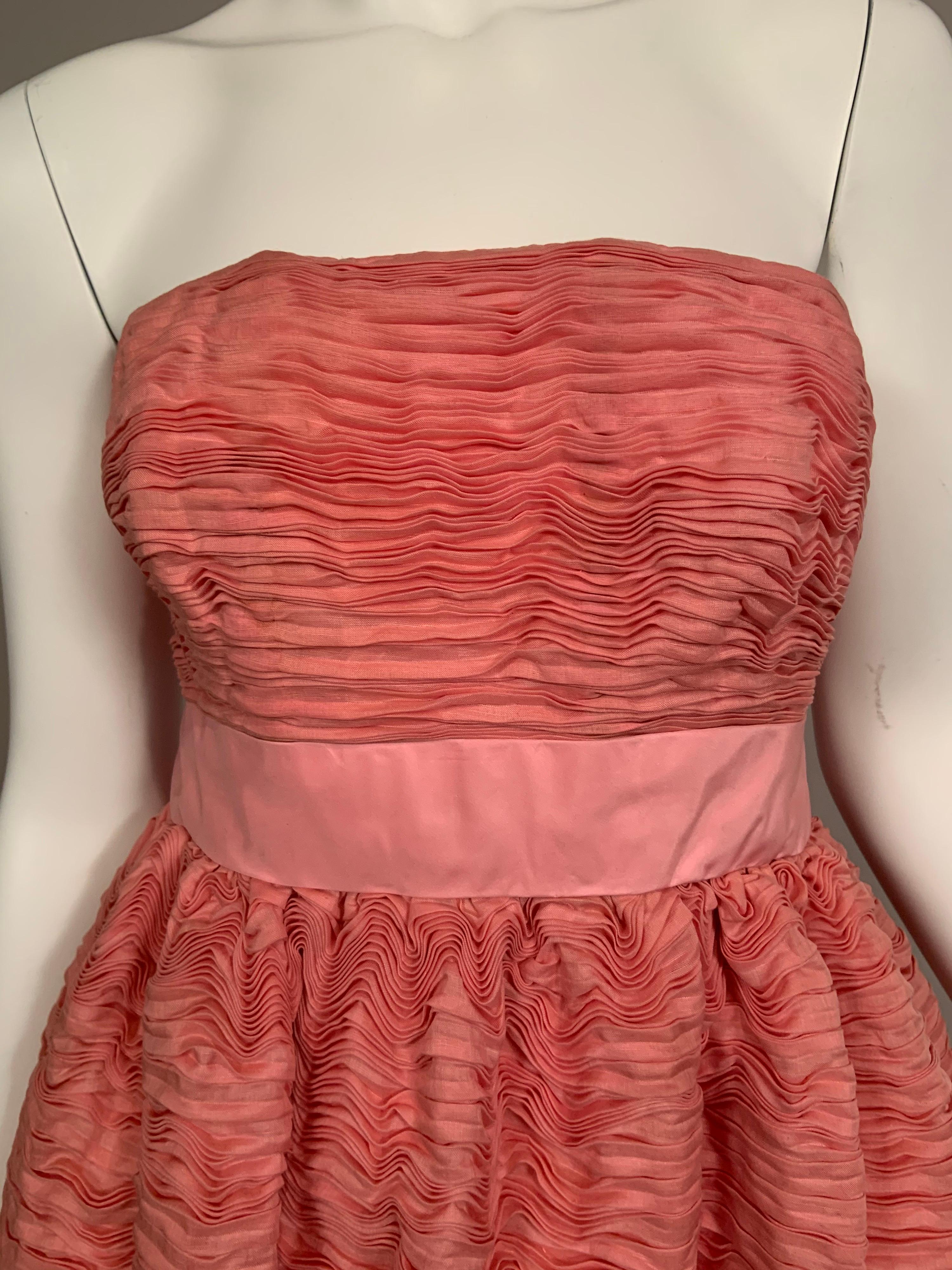 Women's 1960's Sybil Connolly Irish Haute Couture Pleated Pink Linen Strapless Dress