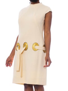 1960S SYDNEY NORTH Ivory Wool Jersey Rayon Lined Dress With Gold Braid & Crysta