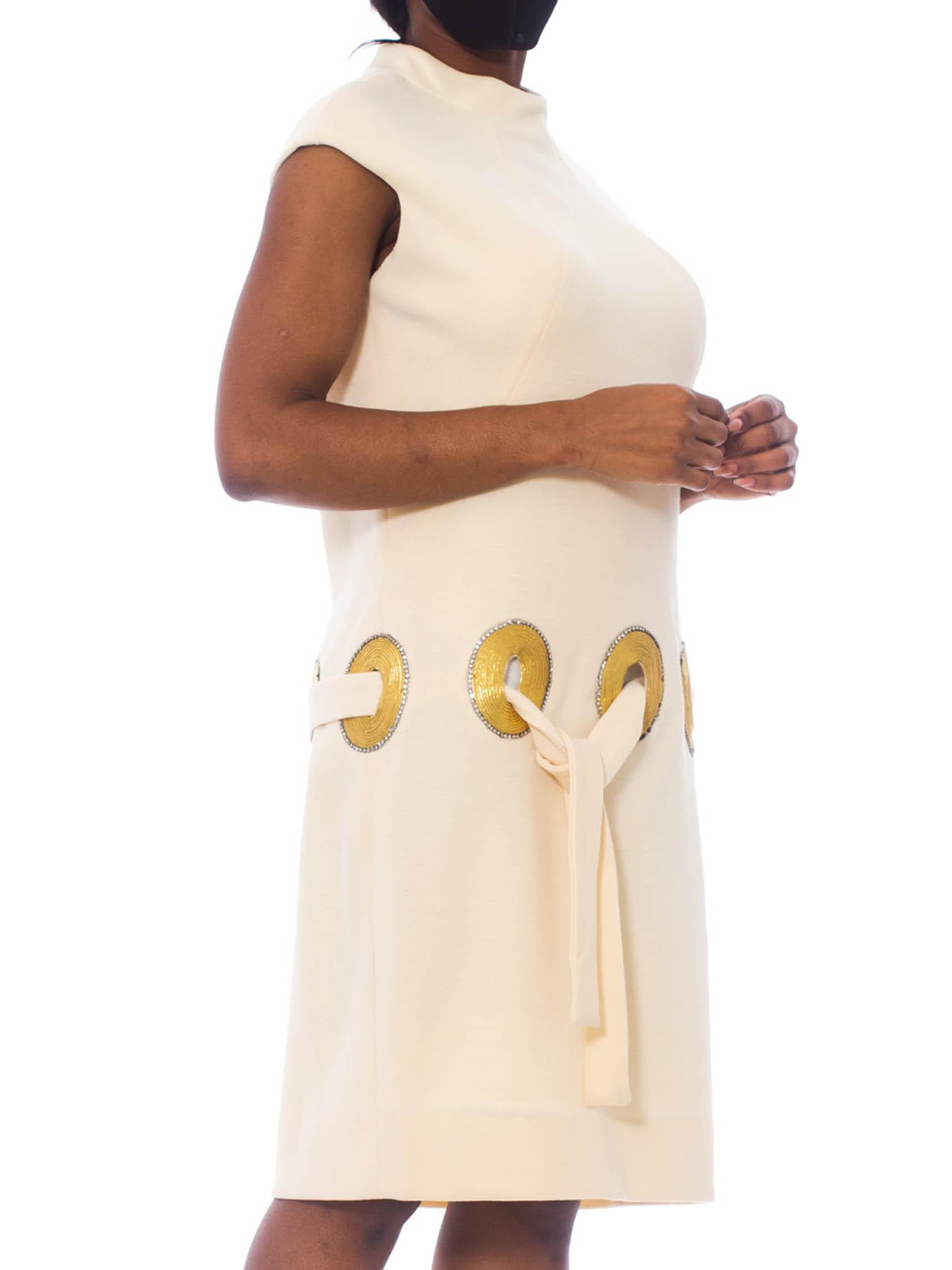 Women's 1960S SYDNEY NORTH Ivory Wool Jersey Rayon Lined Dress With Gold Braid & Crysta