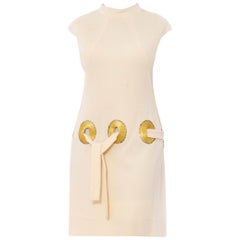 1960er Jahre SYDNEY NORTH Elfenbeinfarbenes Kleid aus Wolle, Jersey und Viskose mit Gold geflochten und Crysta