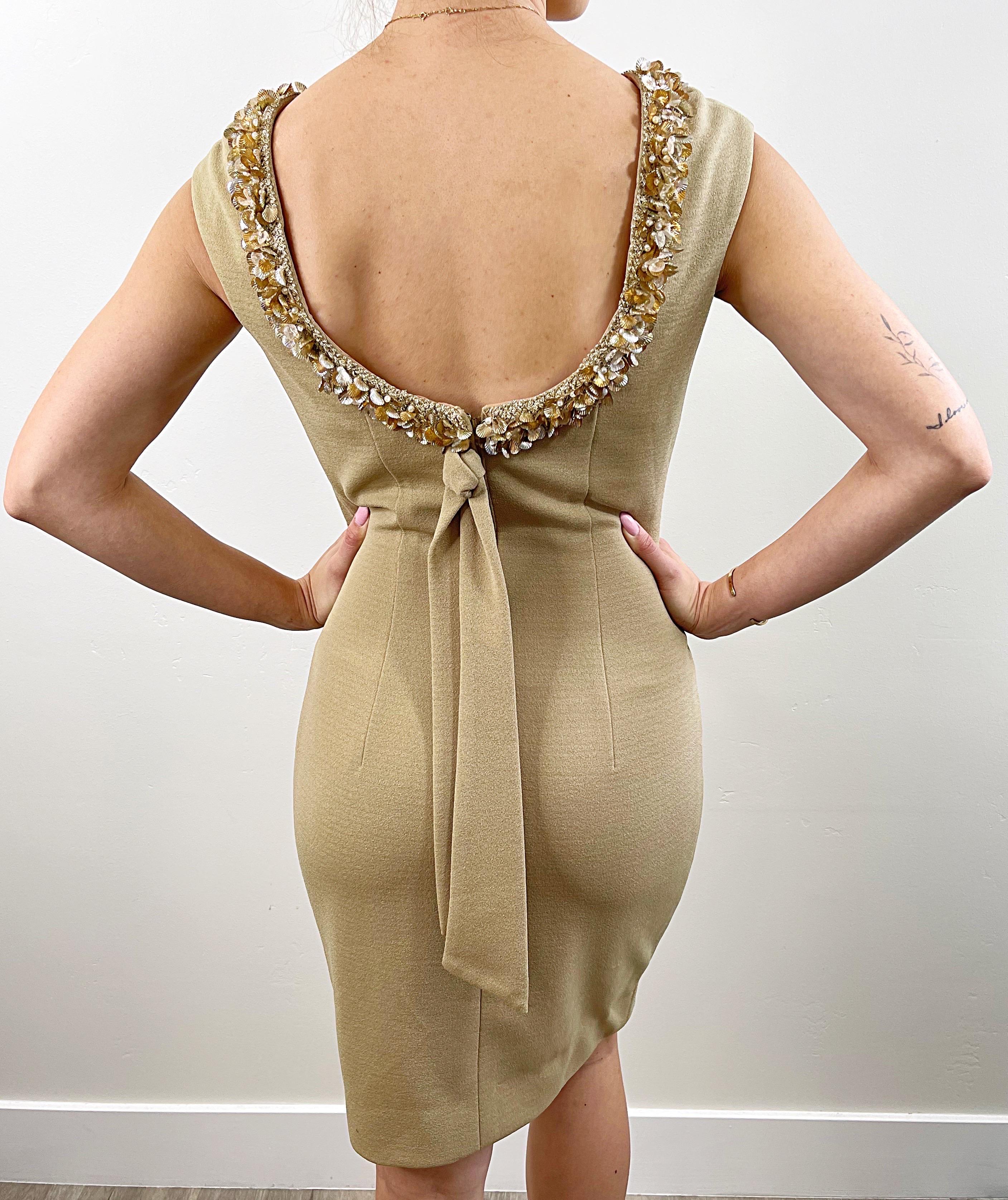 1960s Sydney North Größe 6 Beige Khaki Tan Perlen Pailletten Vintage 60s Kleid im Angebot 7