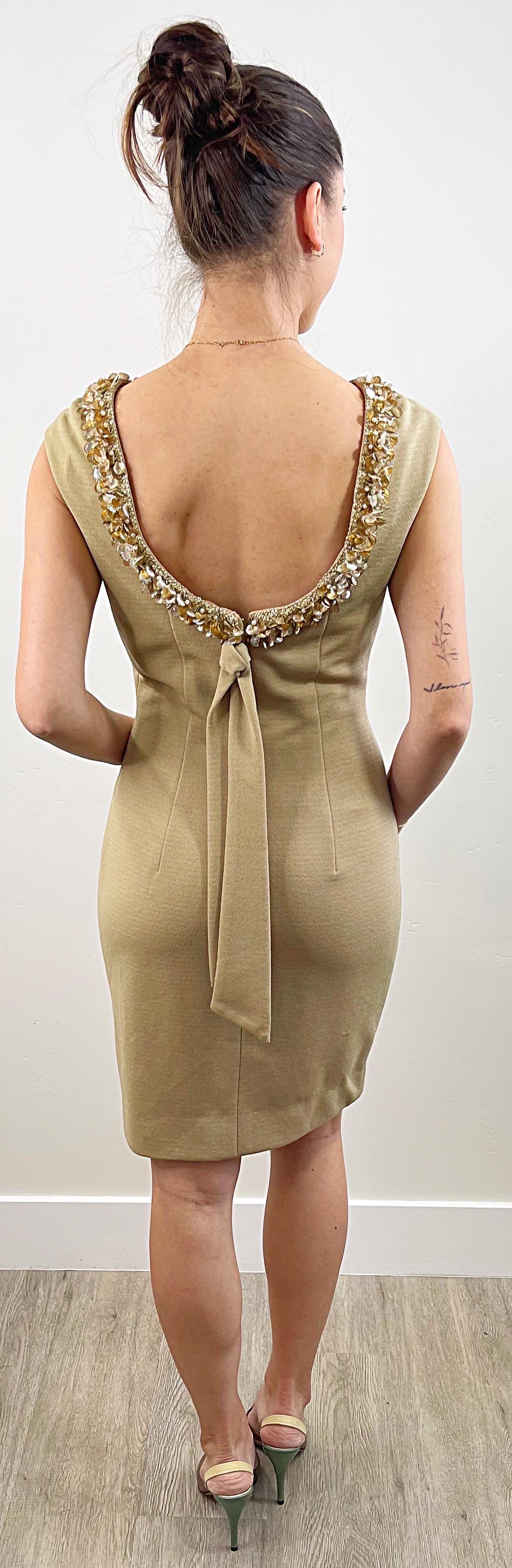 1960s Sydney North Size 6 Beige Khaki Tan Beaded Sequin Vintage 60s Dress For Sale 11
