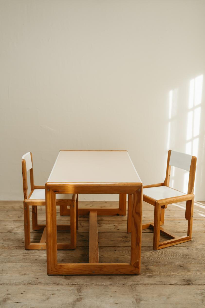 a mid century André Sornay table and two chairs, can be used as a writing 
desk or dining table for two ... dimensions of the chairs are high 80/46 x deep 45 x wide 45 cm 