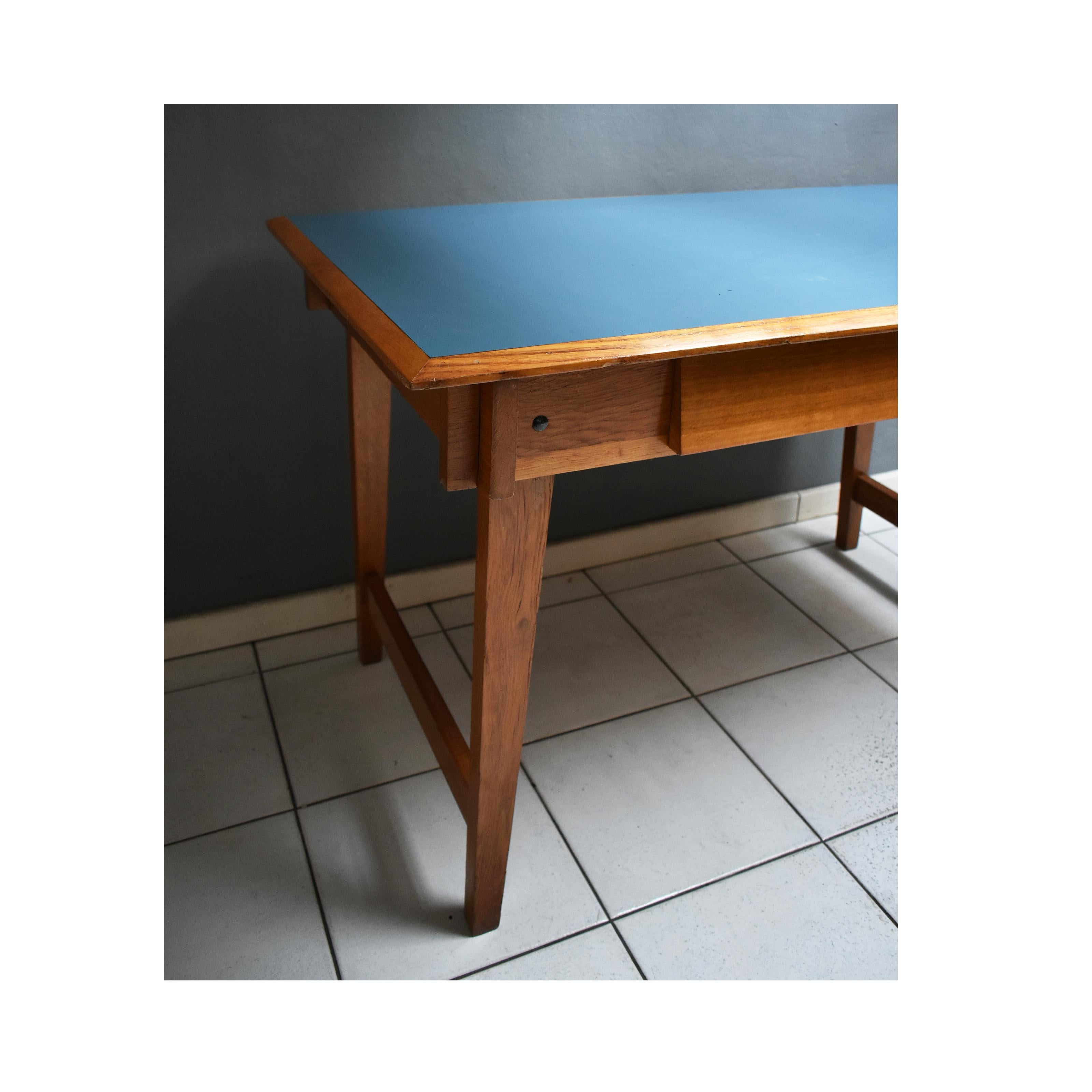 Mid-20th Century  Italian Manufacture, 1960 writing desk in Wood and Light Blue Formica Top