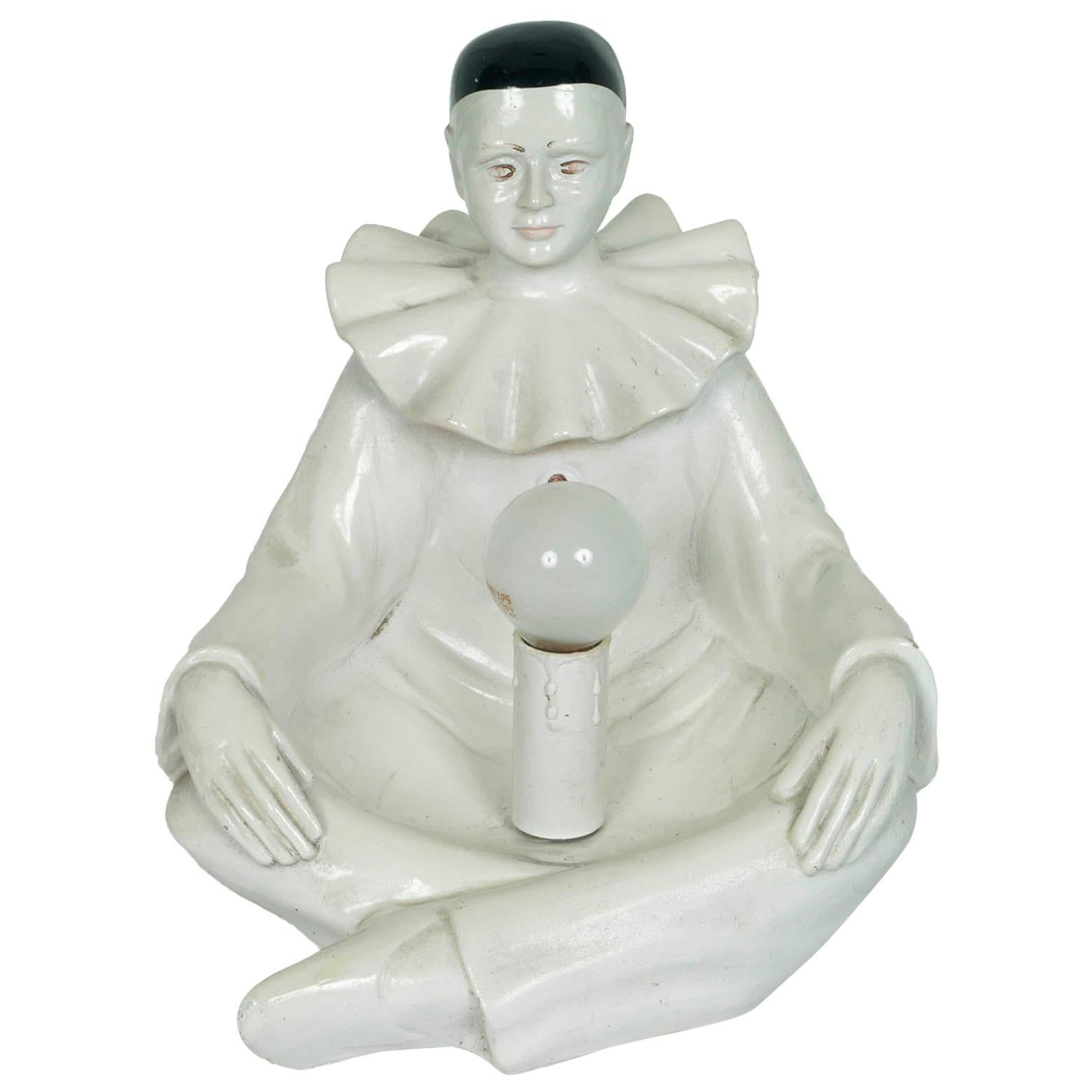 1950s Lampe de table Pierrot figurine Statue Céramique émaillée par Nove di Bassano